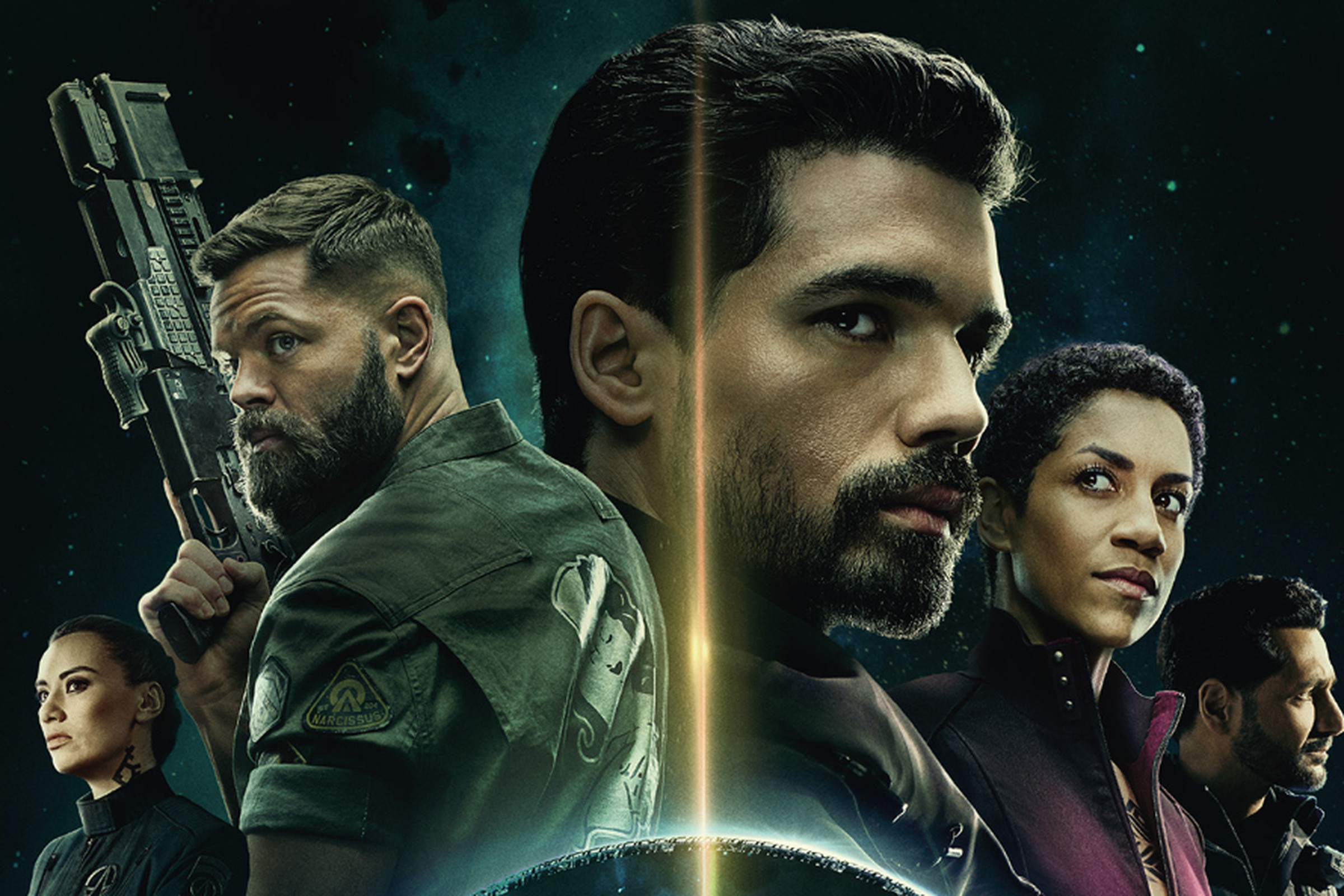 Promotional images for The Expanse, featuring Drummer, Amos, Holden, Naomi, and Alex.