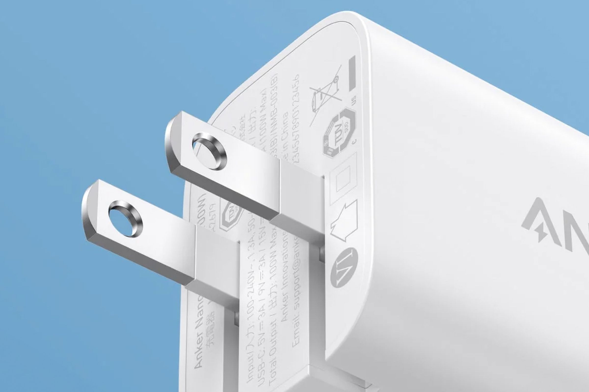 A close-up of the prongs on Anker’s new 100W USB-C wall charger.