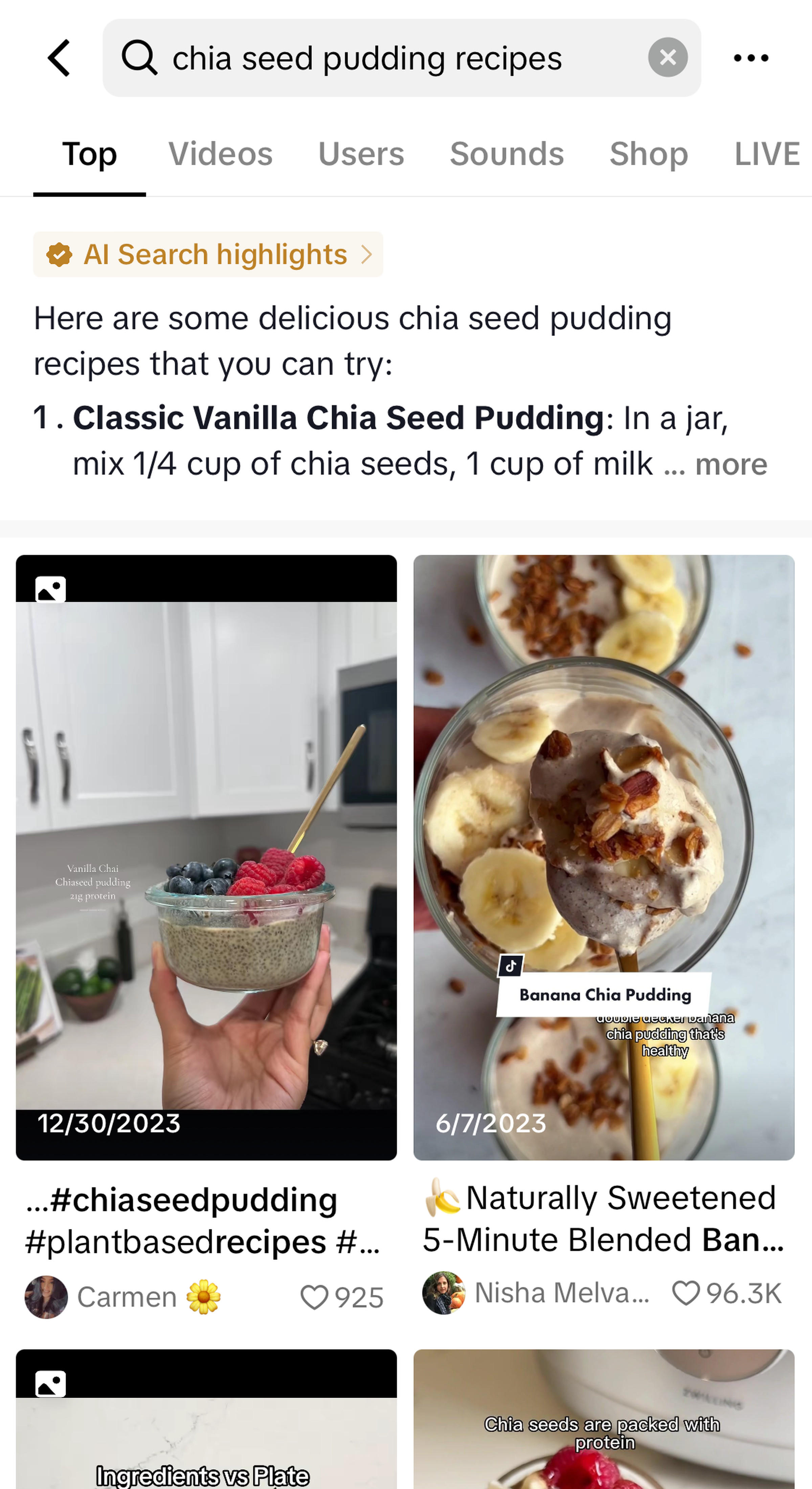 TikTok search results page for “chia seed pudding recipe” showing AI results at the top. Clicking the result takes you to a full screen page.