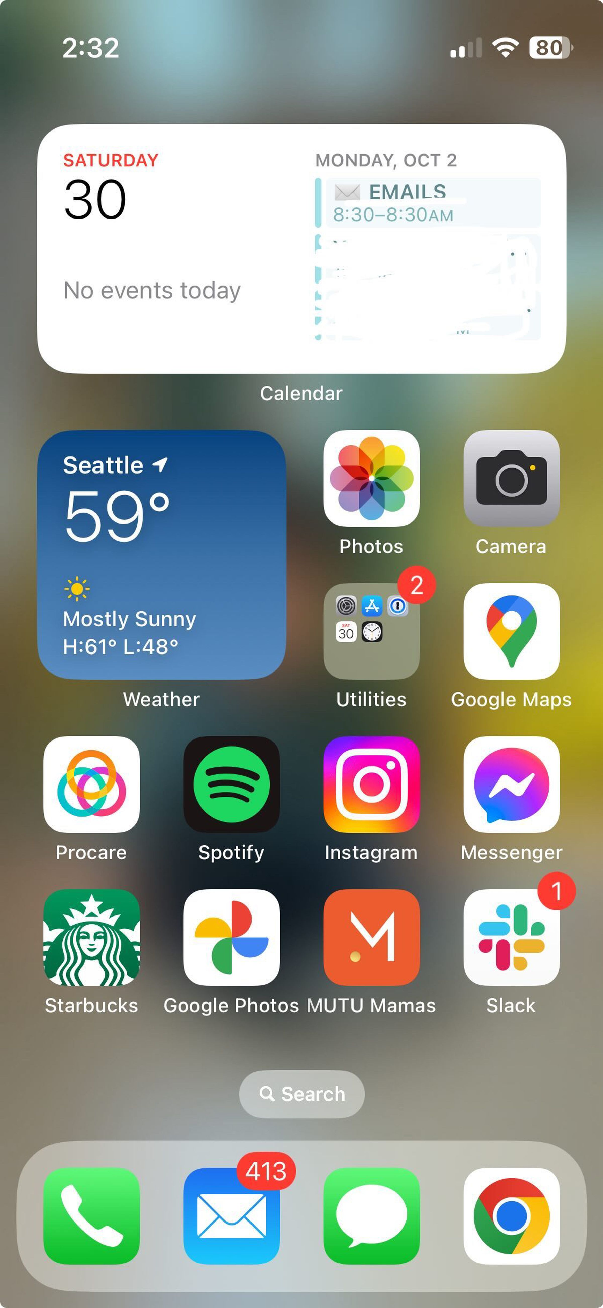 A screenshot of an iPhone with a couple of widgets, several apps, and four apps in the dock.