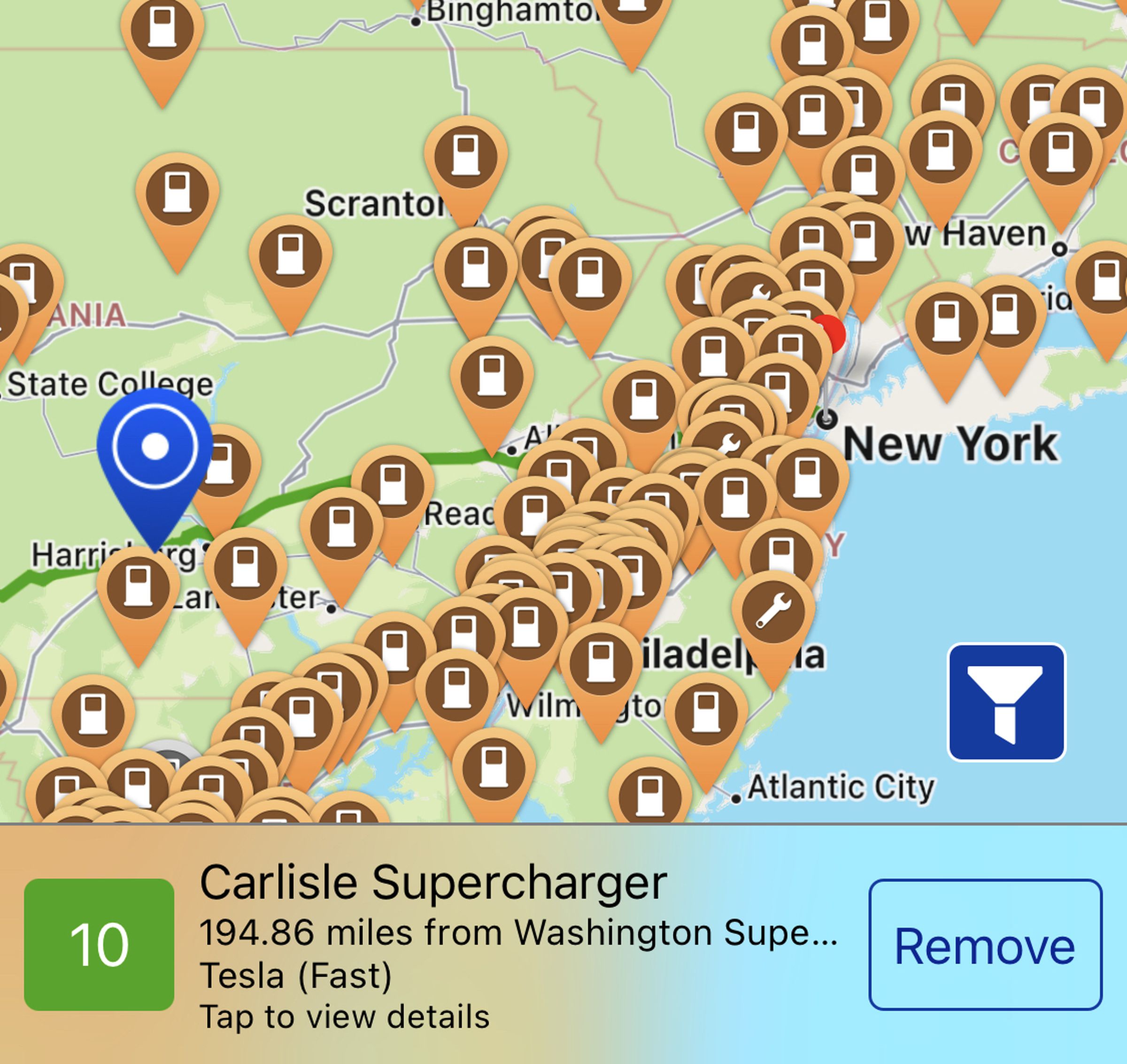 PlugShare app route comparing the well-covered I-95 corridor to the ~200-mile stretch on routes 81 and 78 heading towards NYC from western PA.