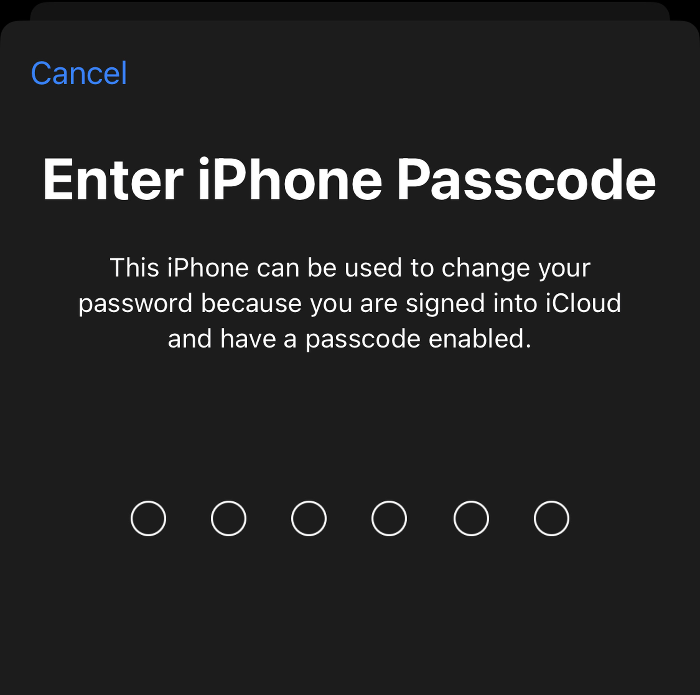 Image showing a screen that reads: Enter iPhone Passcode. This iPhone can be used to change your password because you are signed into iCloud and have a passcode enabled.