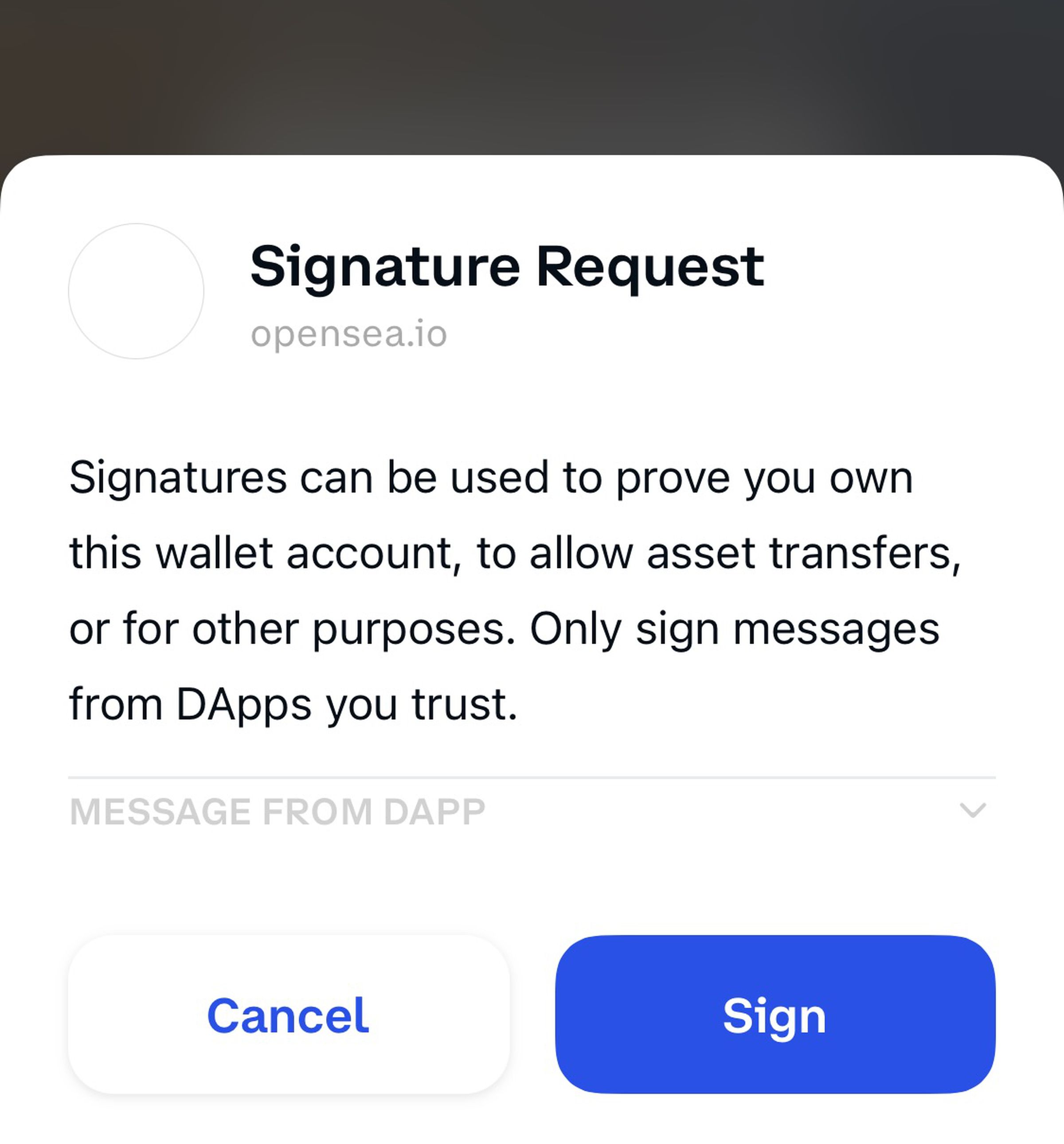 An example signature request in the Coinbase Wallet app.