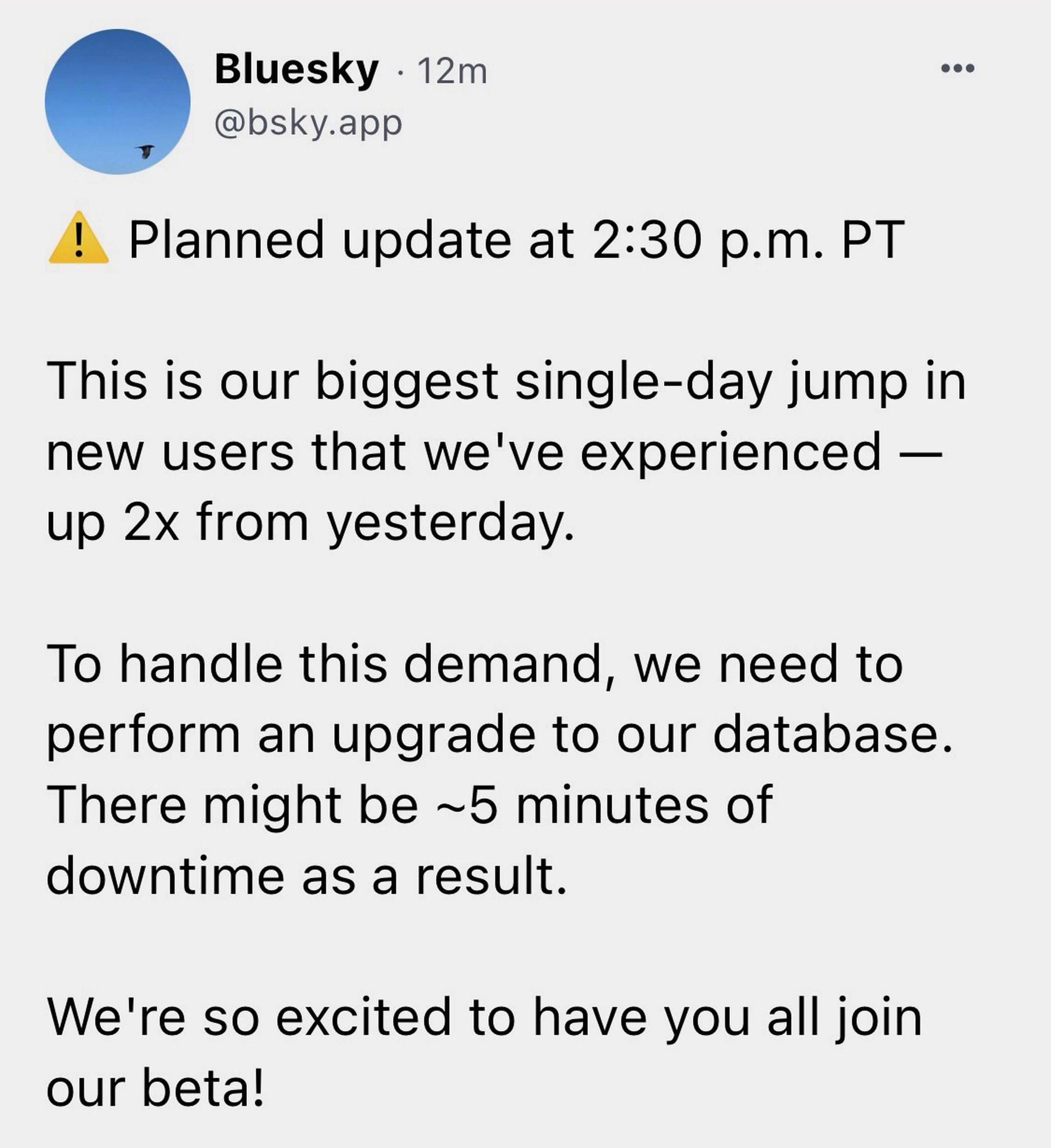 A screenshot from Bluesky describing a planned update.