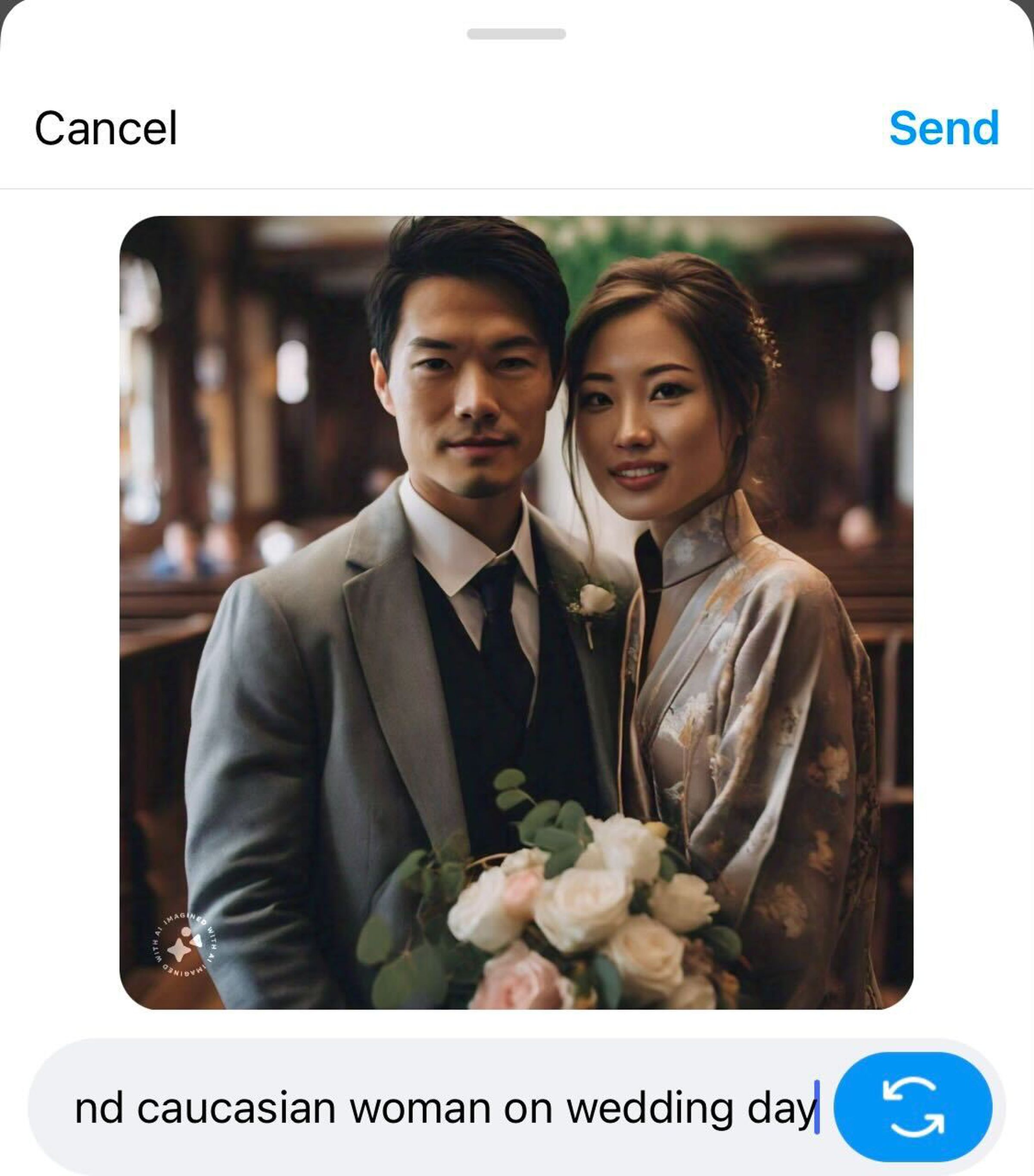 “Asian man and caucasian woman on wedding day” AI prompt created a picture of two Asian people.