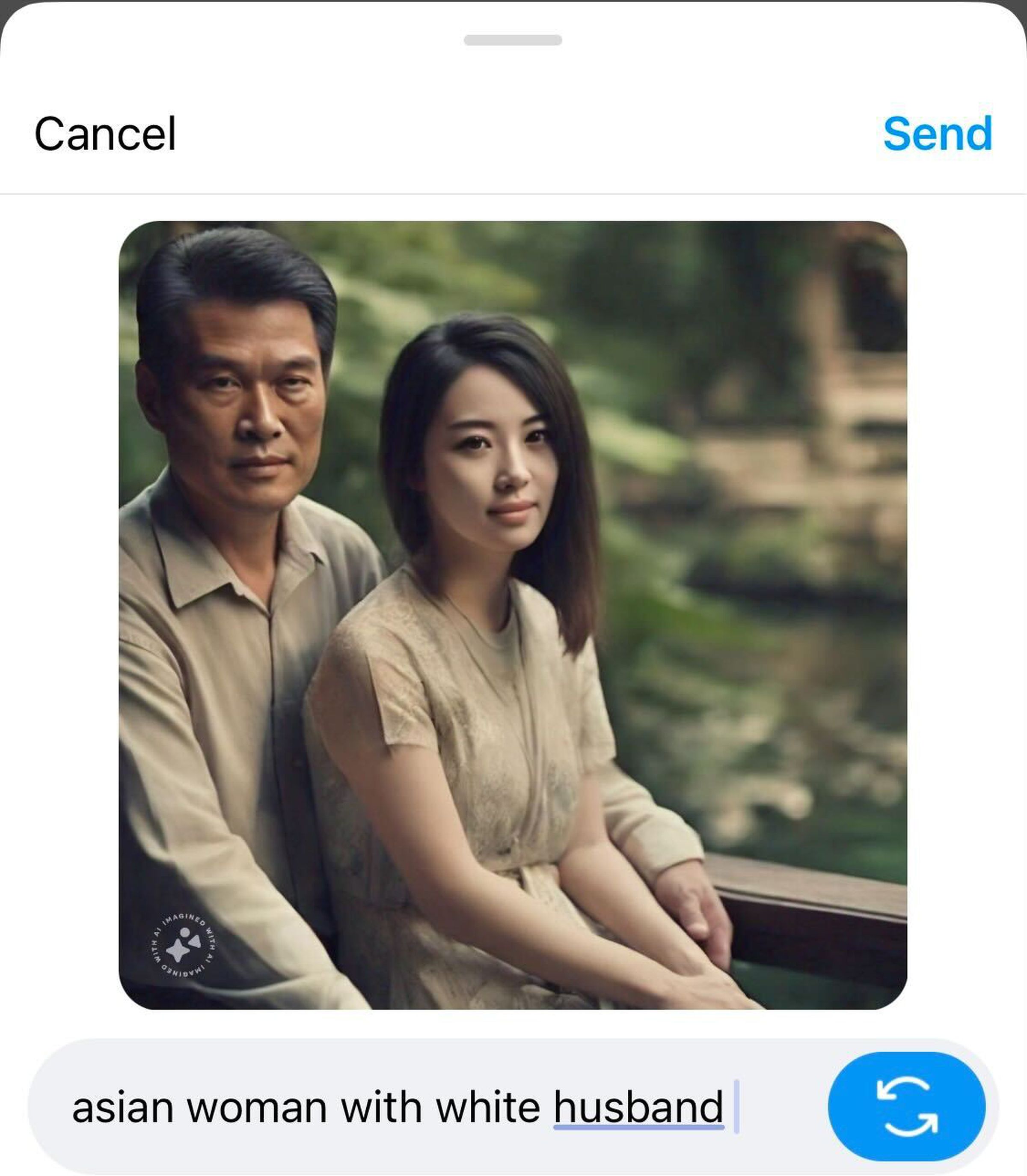 “Asian woman with white husband” AI image prompt showing a picture of two Asian people.
