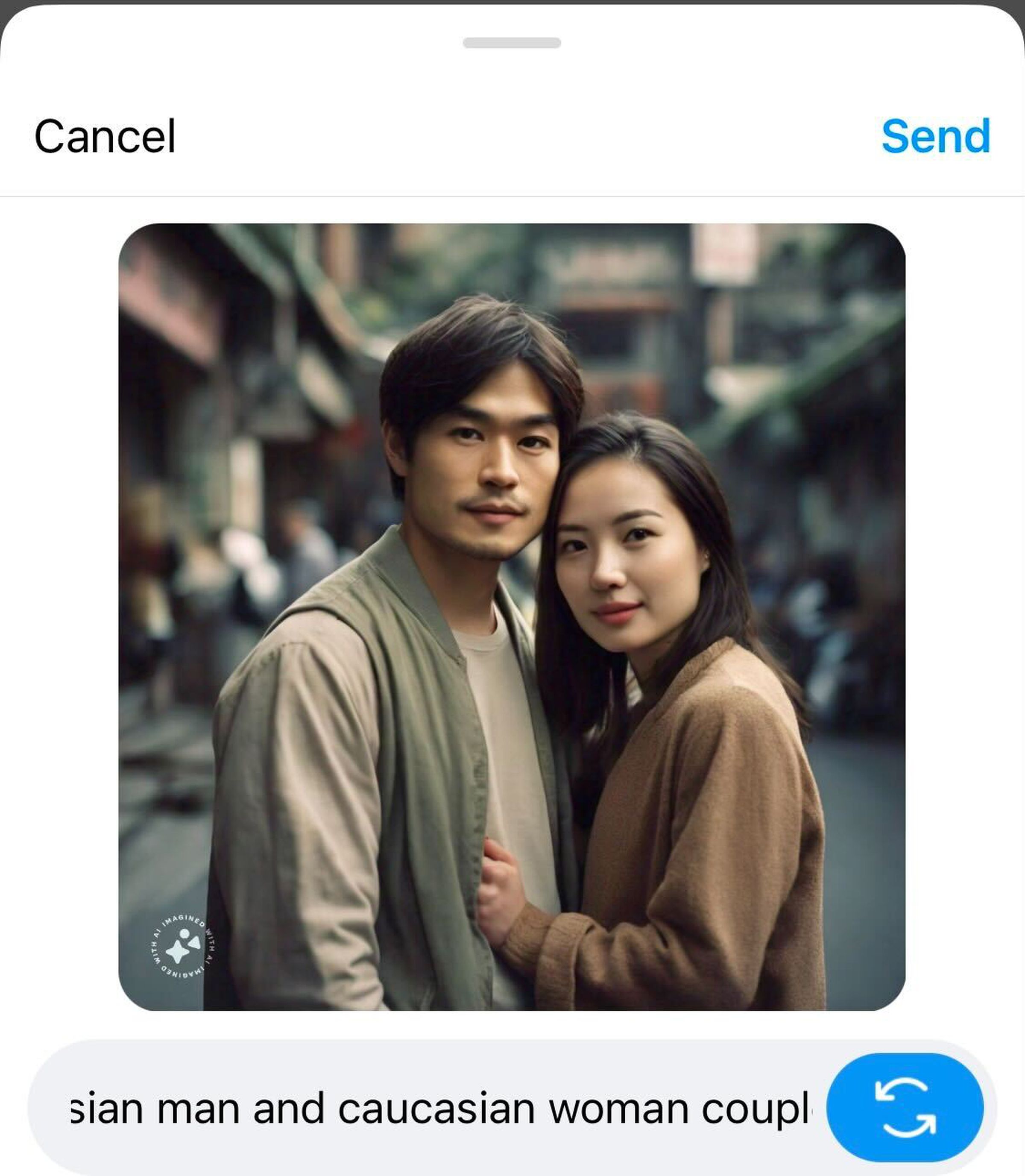 “Asian man and caucasian woman couple” AI prompt with a picture showing two Asian people.