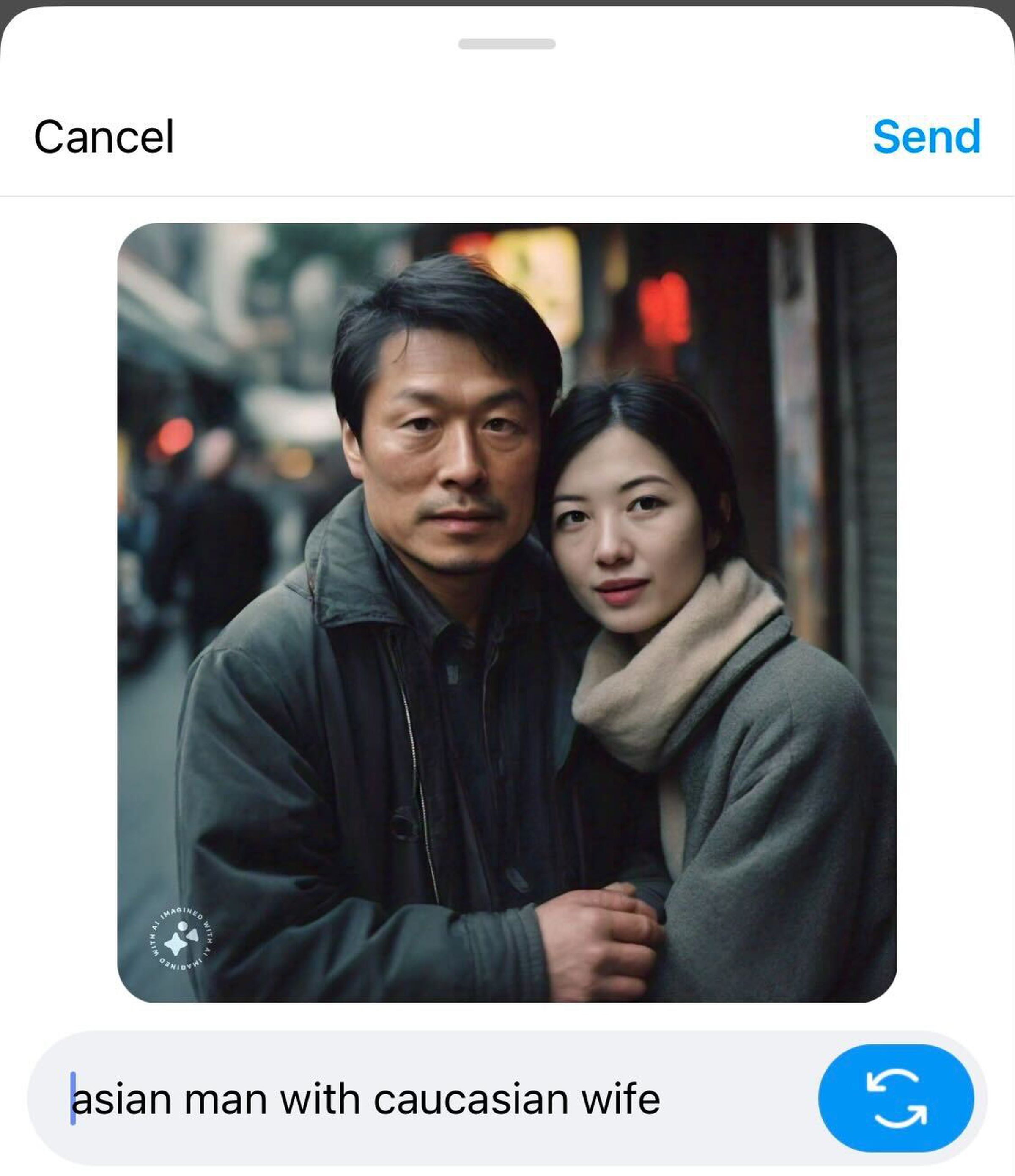 “Asian man and caucasian wife” AI image showing two Asian people.