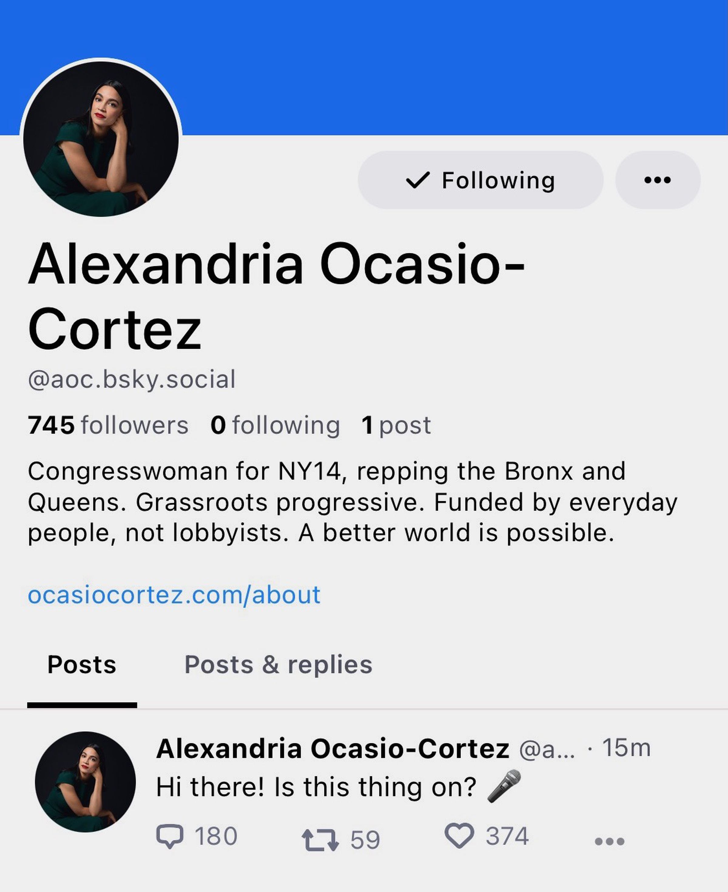A screenshot of Alexandria Ocasio-Cortez’s Bluesky account.