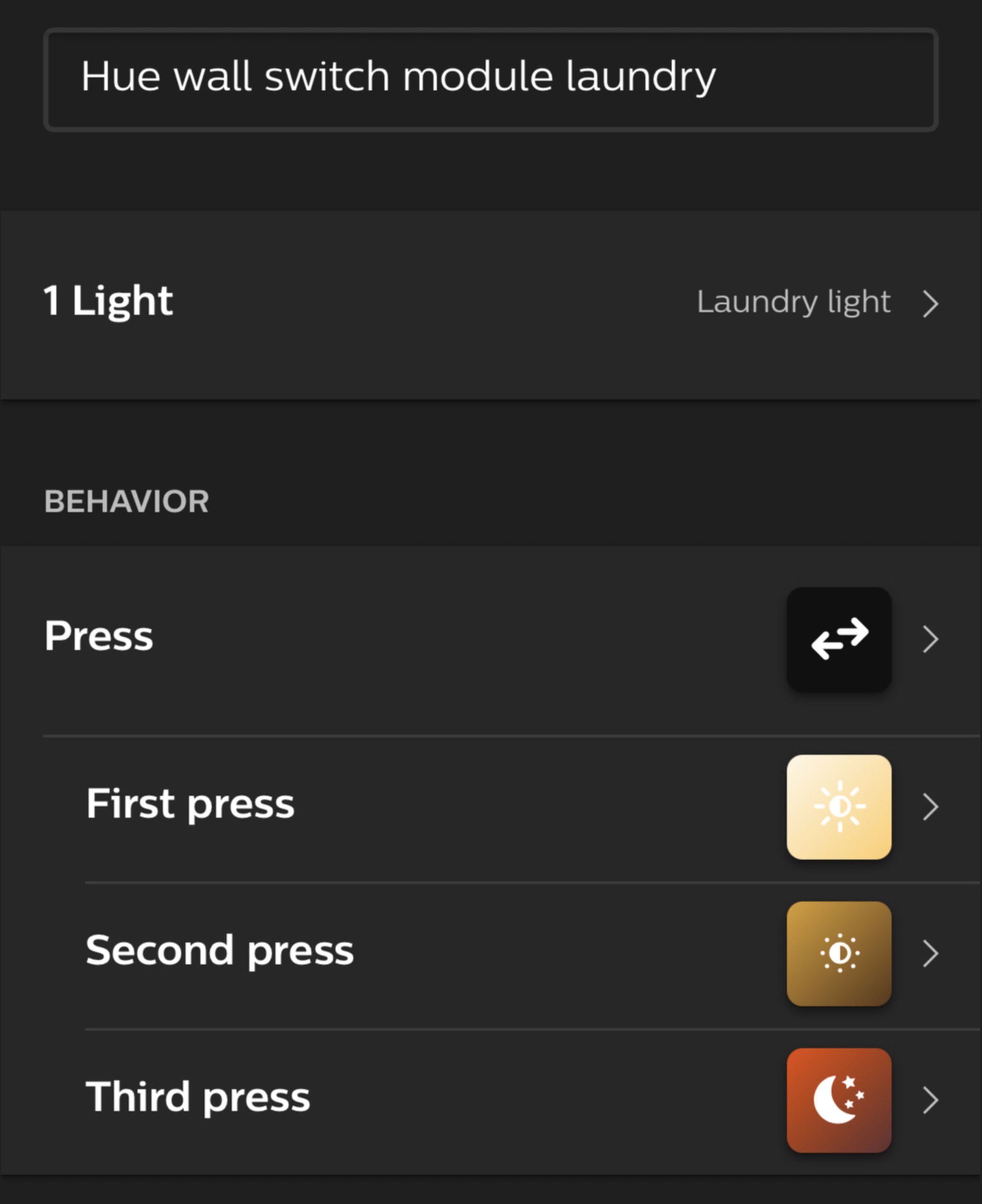 The Hue app allows button presses to be assigned scenes.