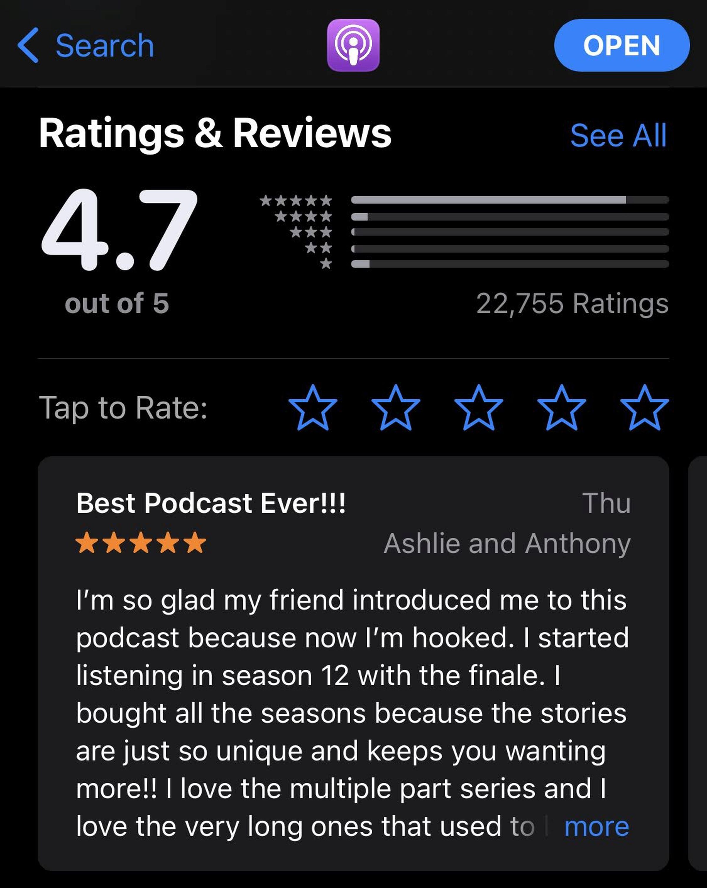 Apple deems this the “Most Helpful” review of its Podcasts app.