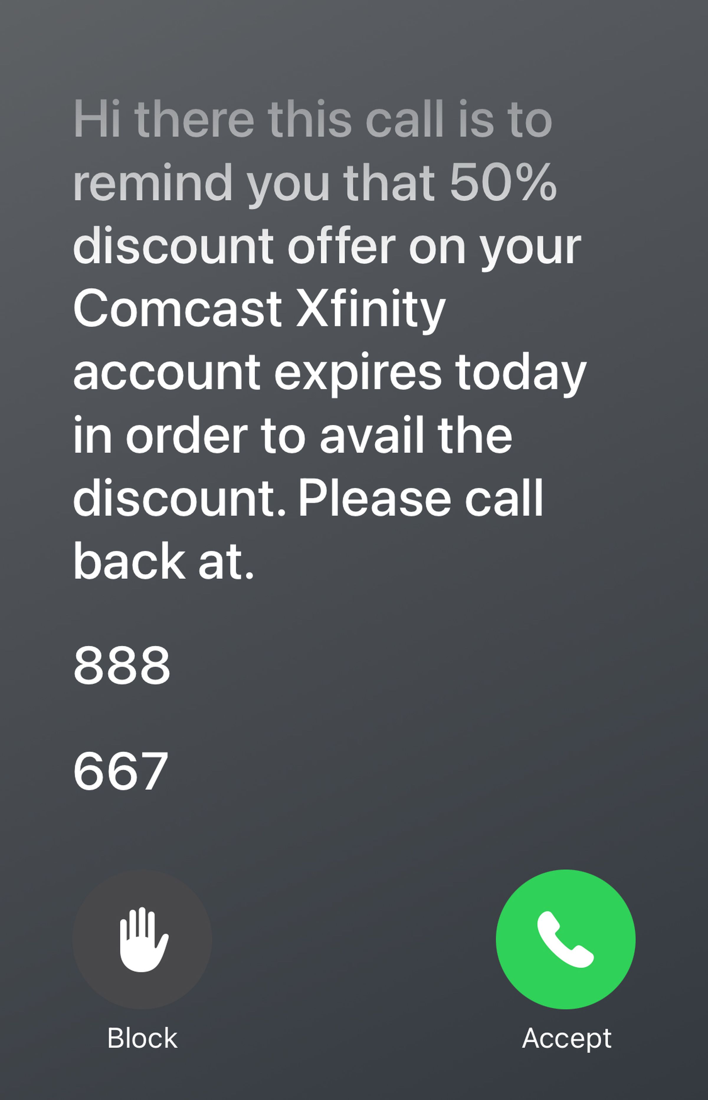 Screengrab of live transcription interface showing text from a robocall.