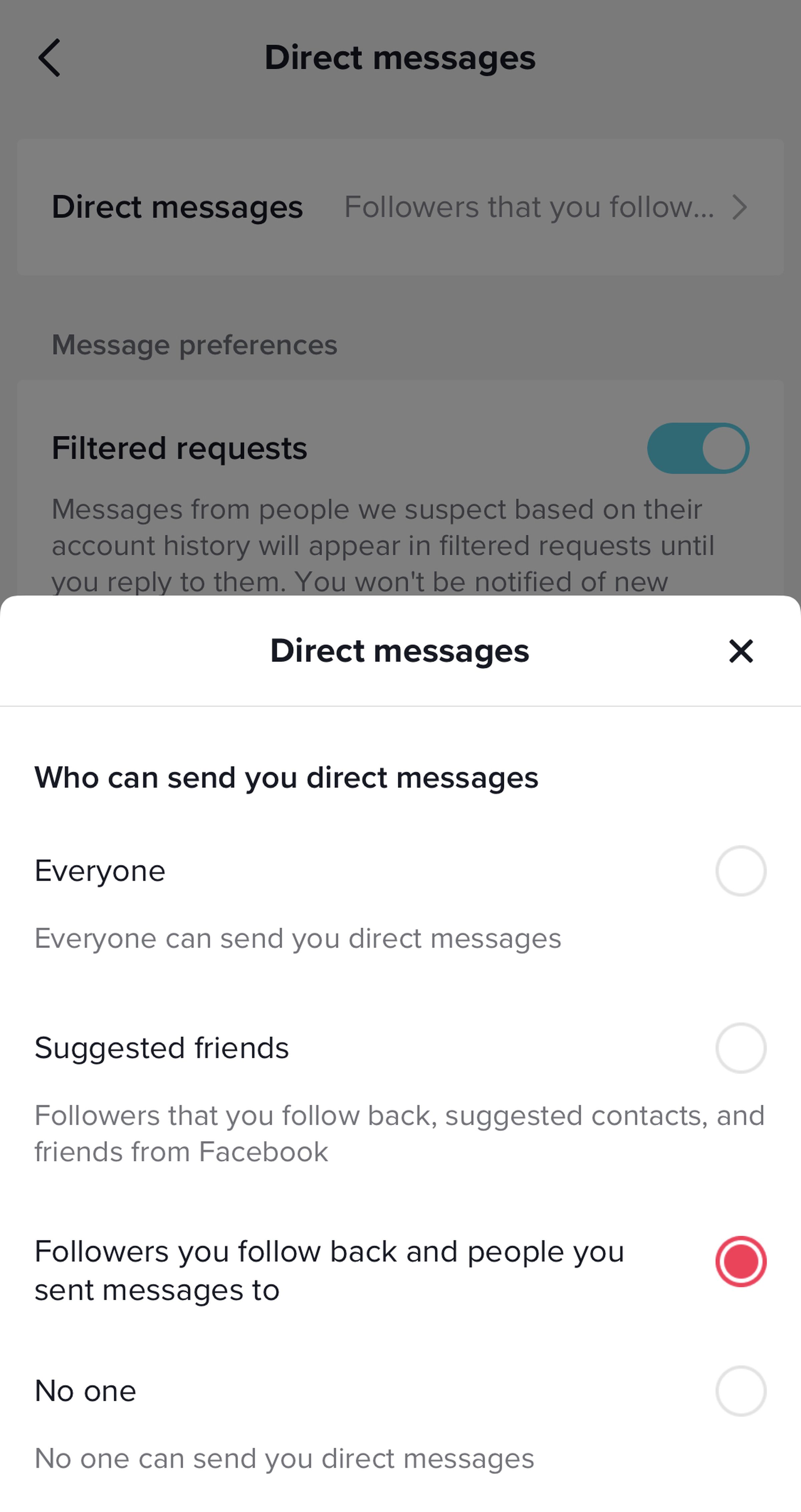 Screenshot of TikTok’s direct messages privacy options page.
