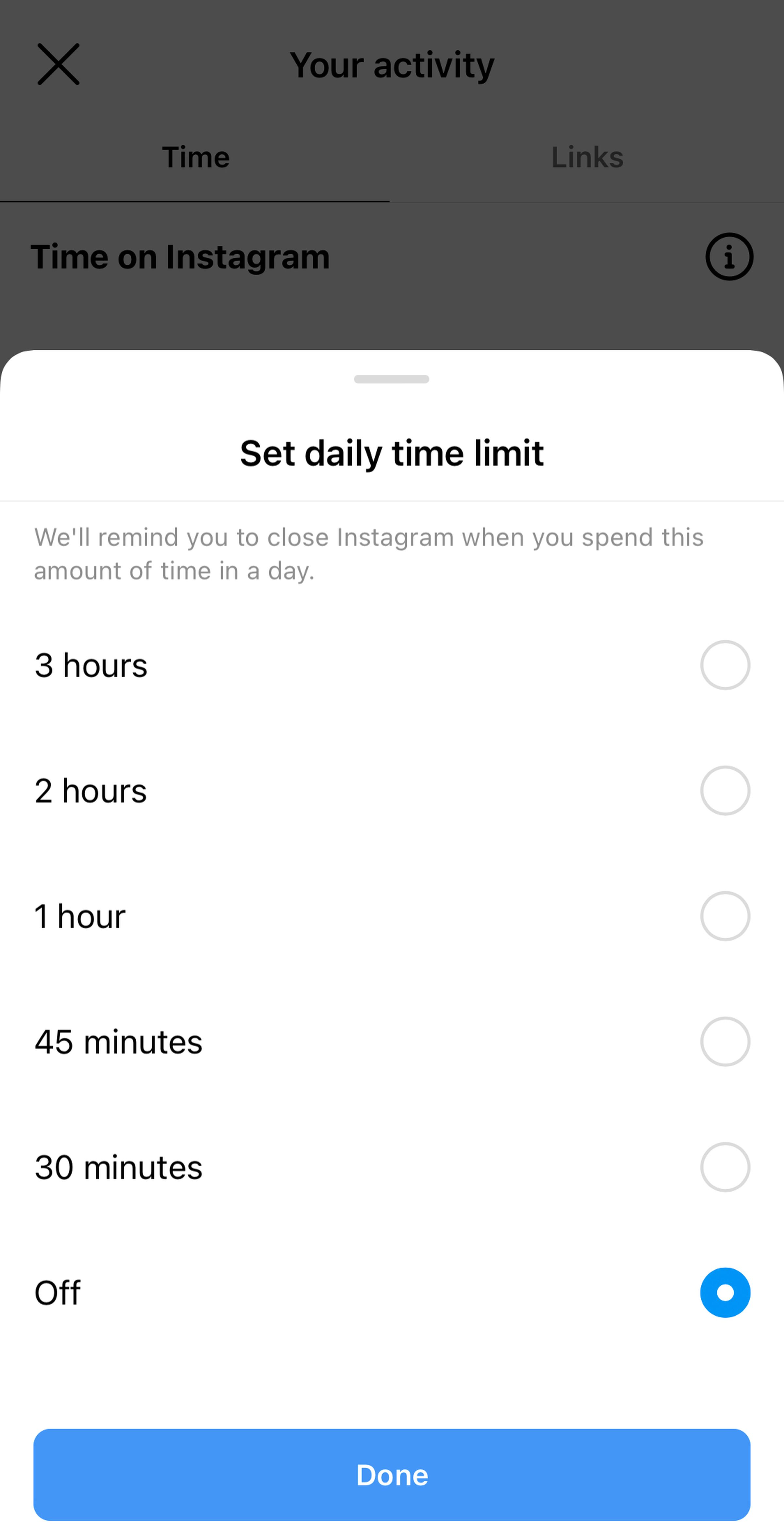 A screenshot taken from the Instagram app showing the current options for daily time limits