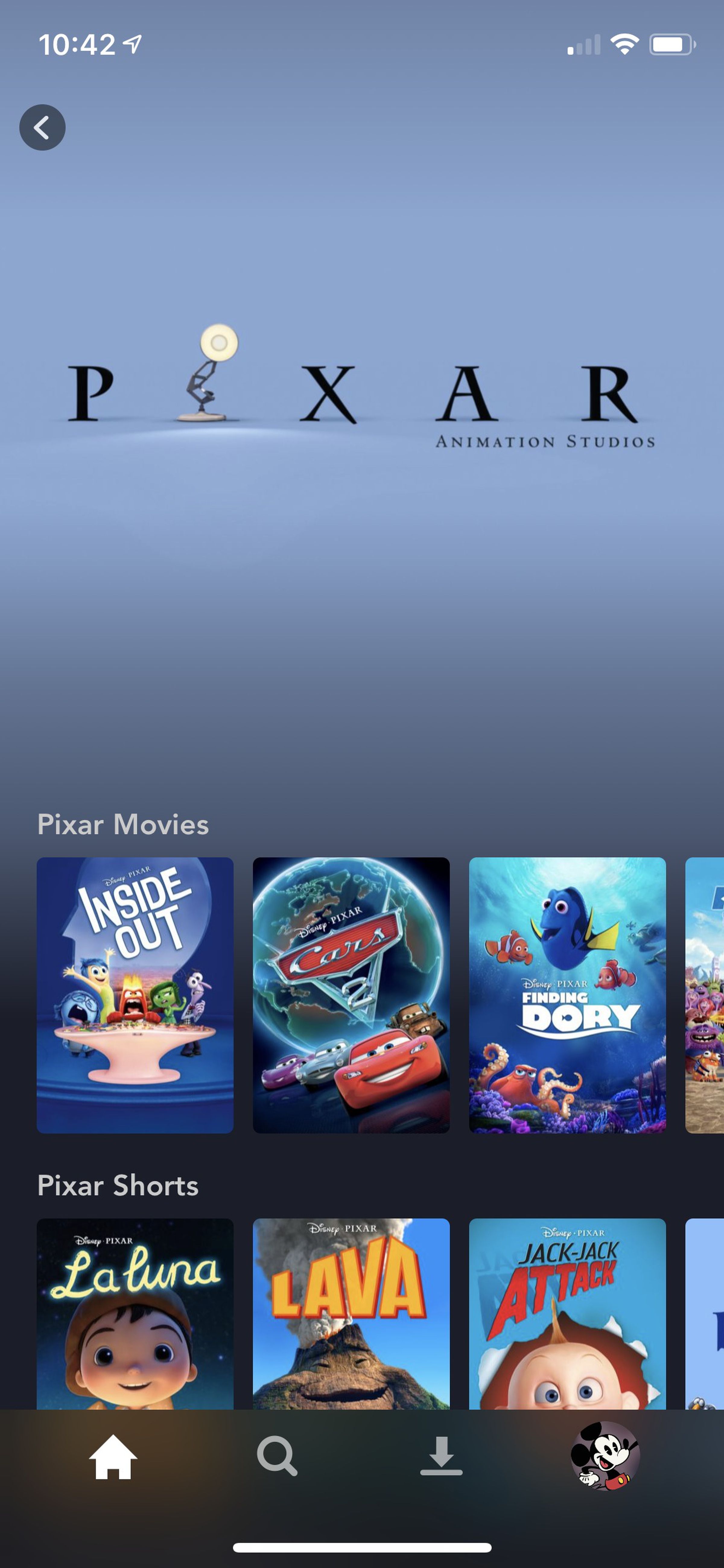 <em>The Pixar page in the app.</em>