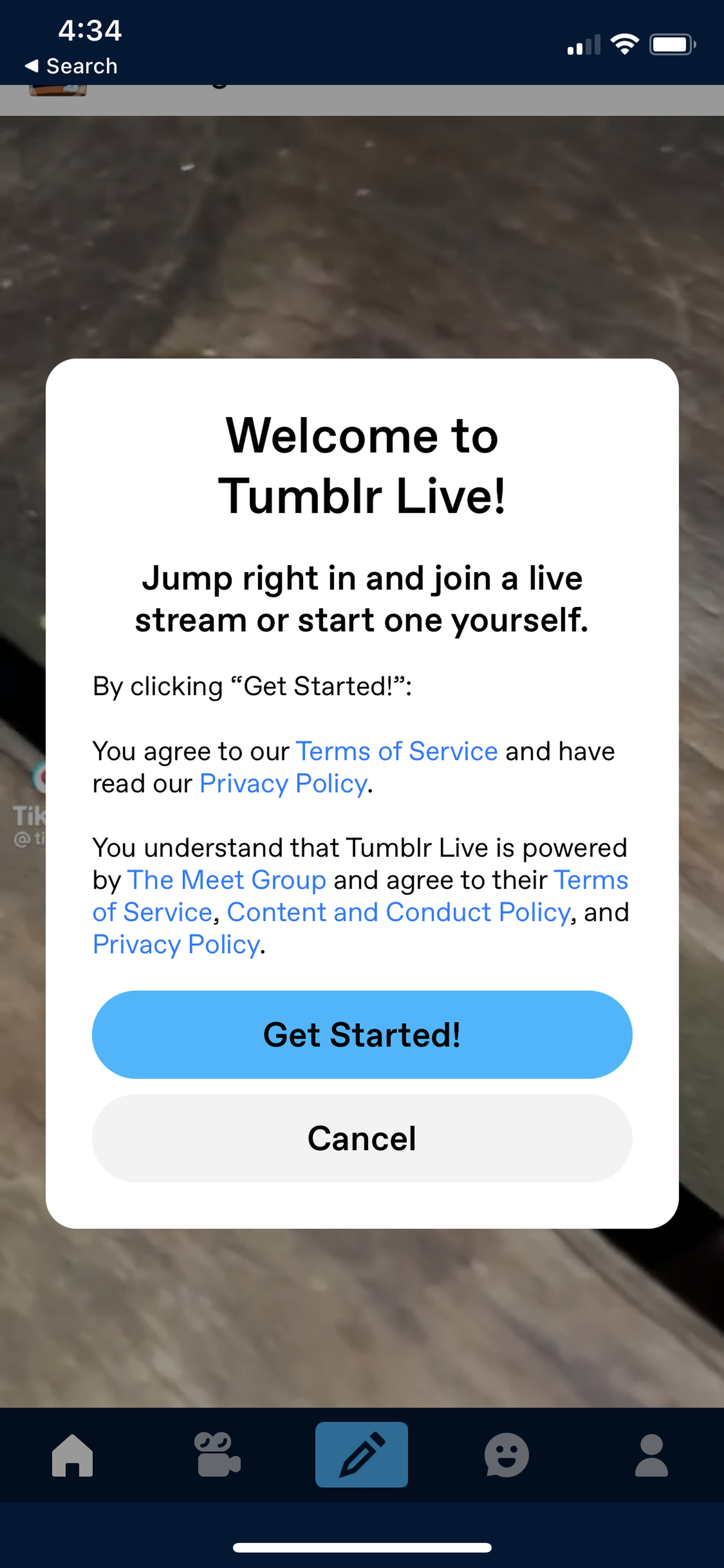The Tumblr Live home screen on iOS.