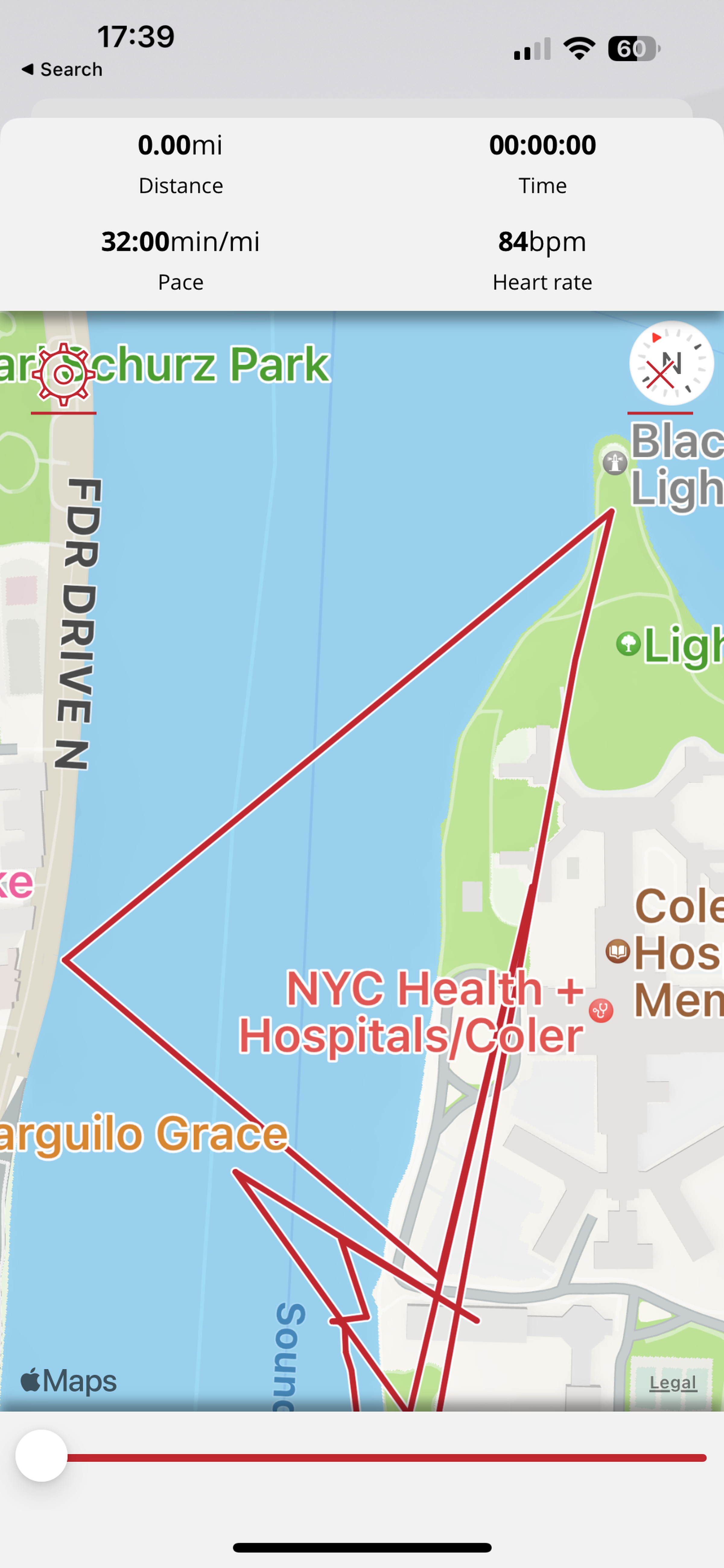 Polar Ignite 3 GPS map showing a jagged triangle that crosses into a nearby river, reaching Manhattan.
