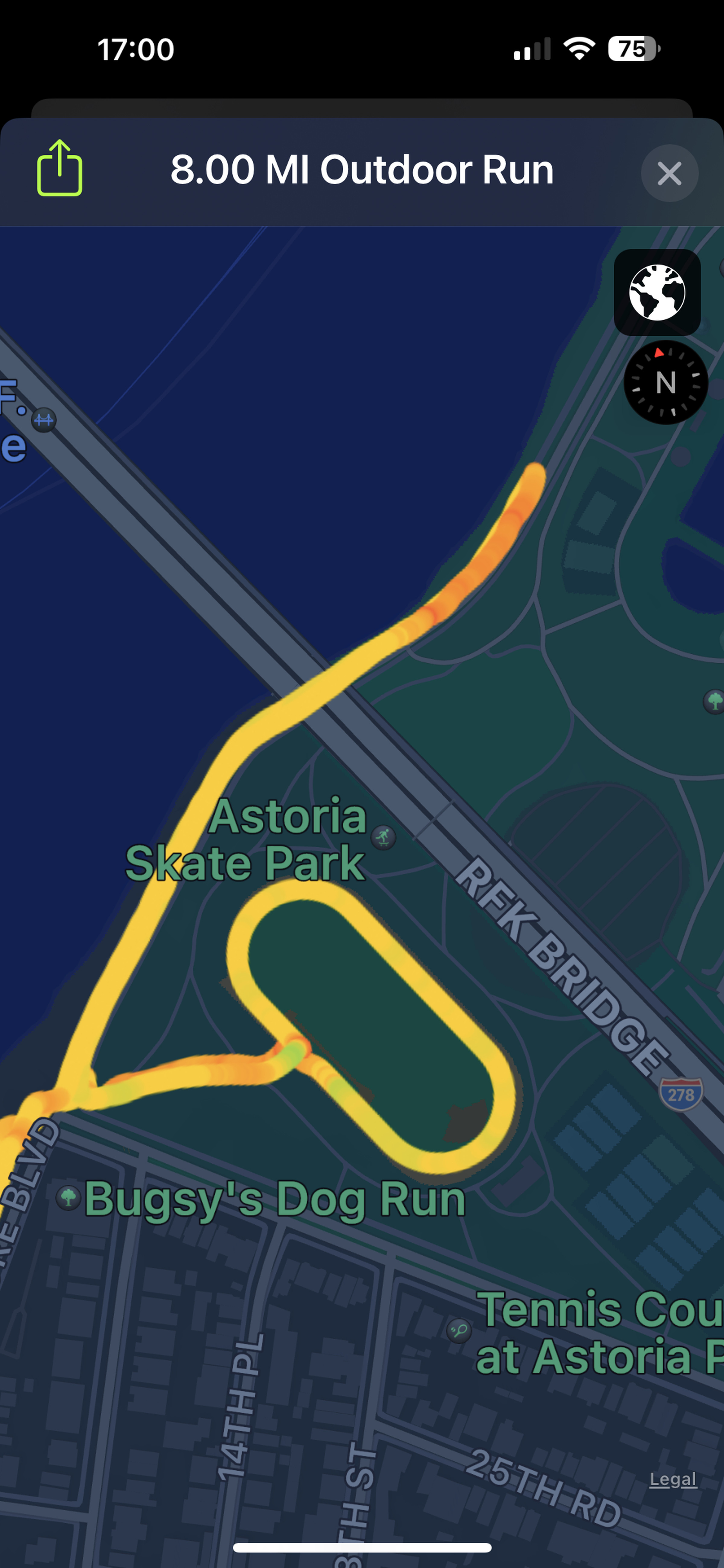 Route map from Apple Watch Ultra showing a person running to the Track, doing a loop and then running along the water.