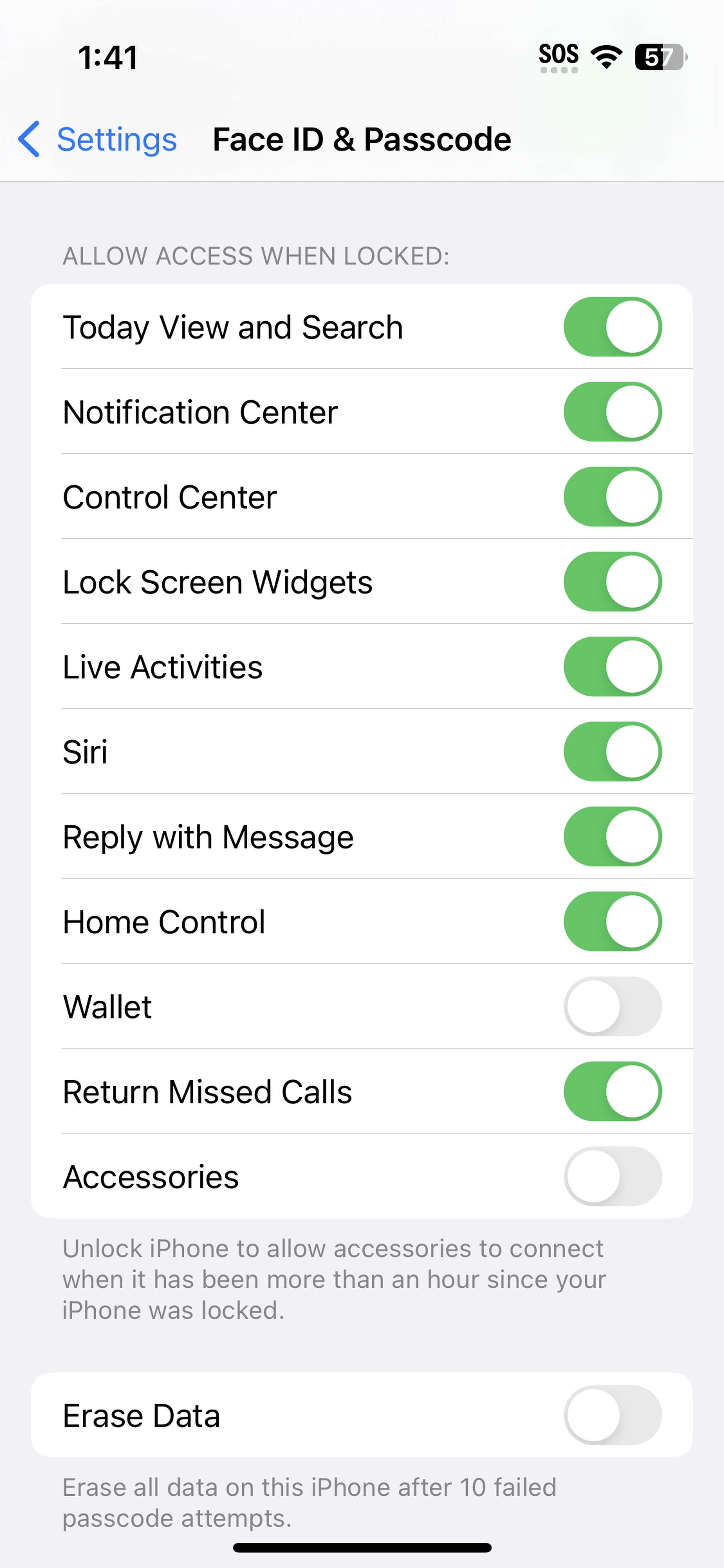 Screenshot showing Face ID and Passcode options including lock screen options. iphone