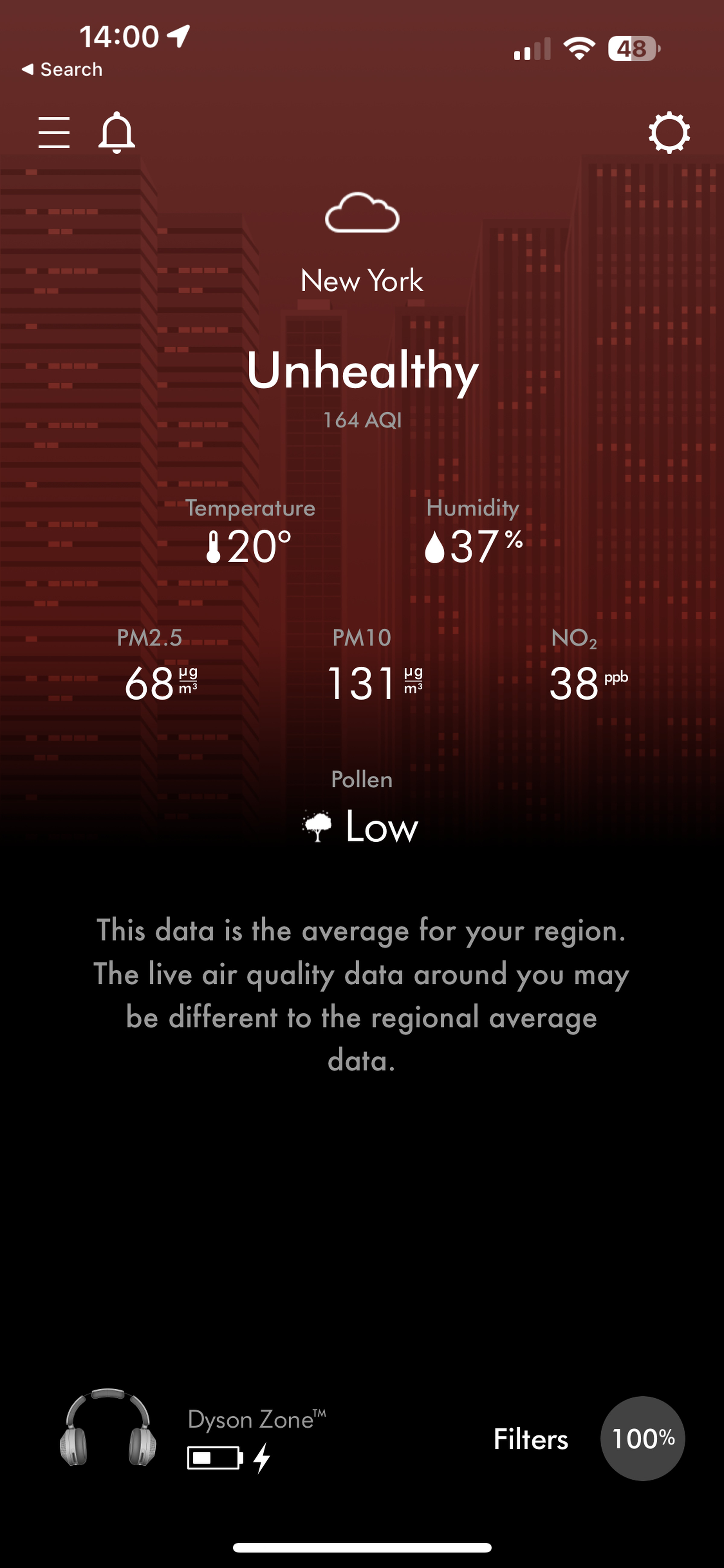 Screenshot of MyDyson app giving a summary of New York City air quality