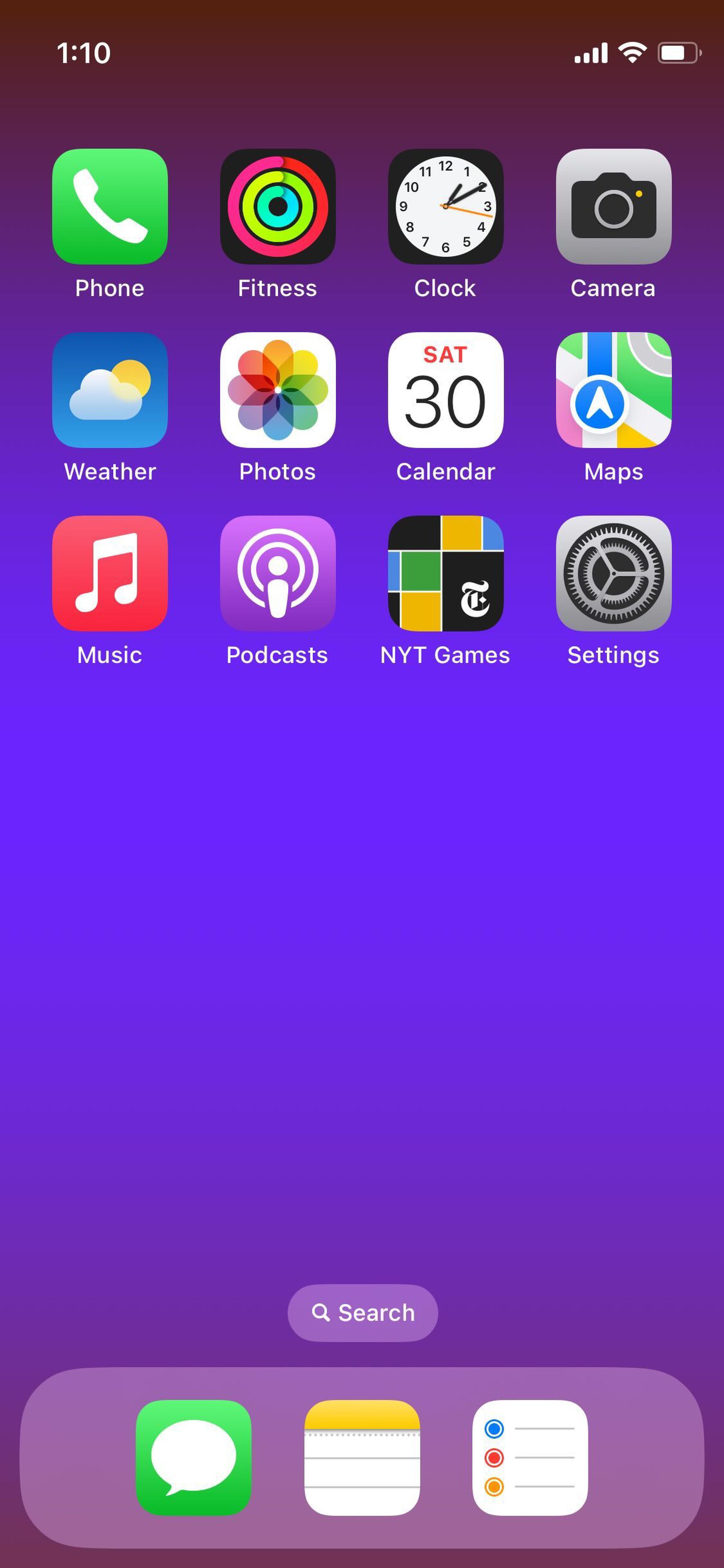 A screenshot of an iOS home screen, with three rows of apps, and three apps in the dock.