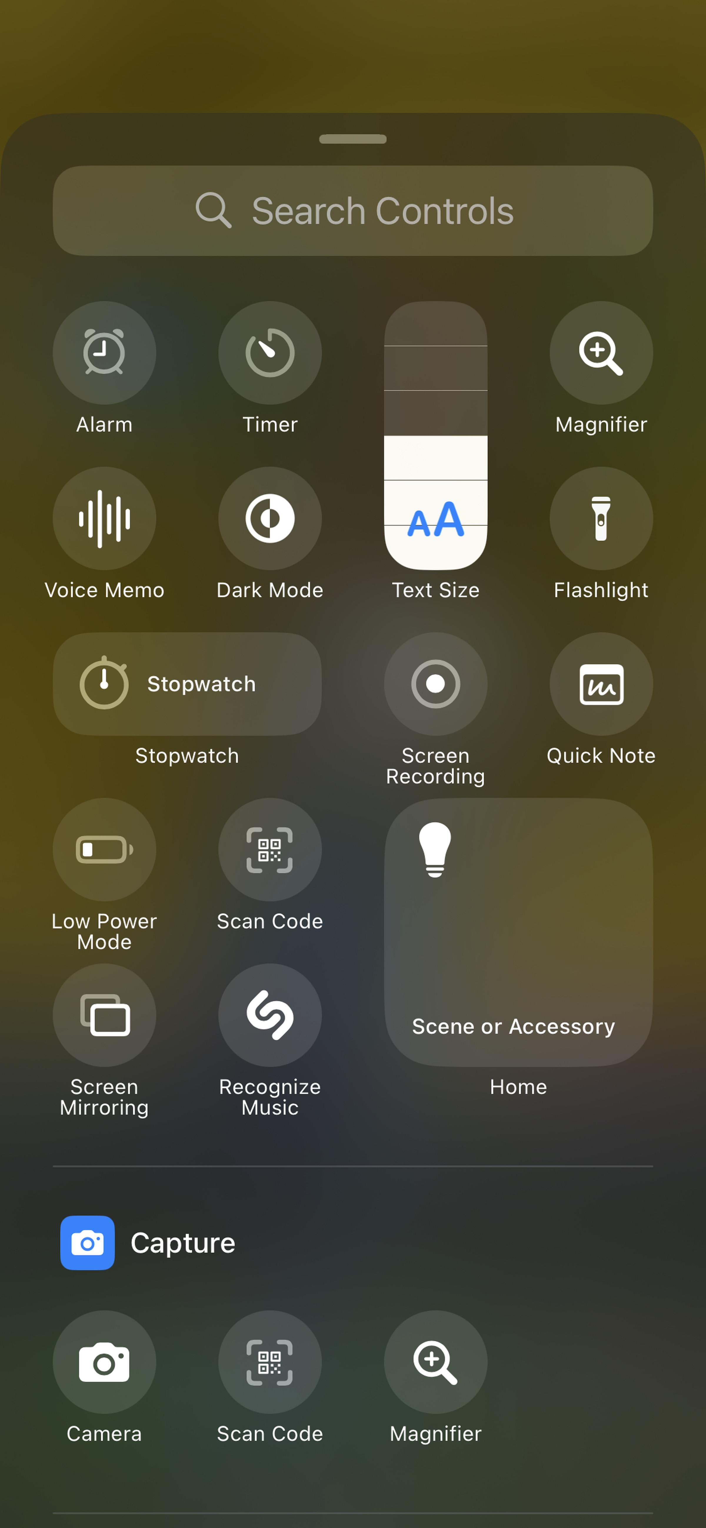 Screengrab showing control center options.