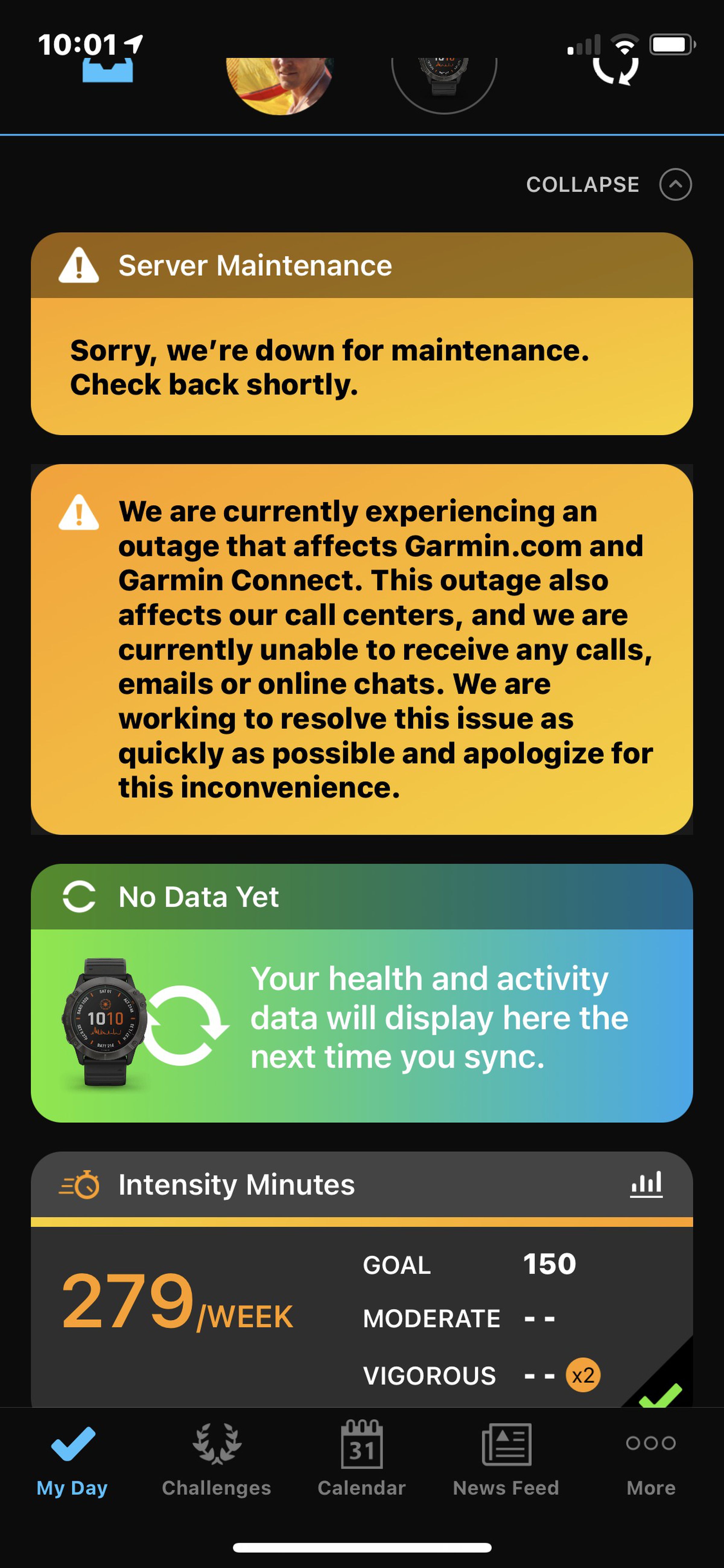 The outage as seen from the Garmin Connect app.