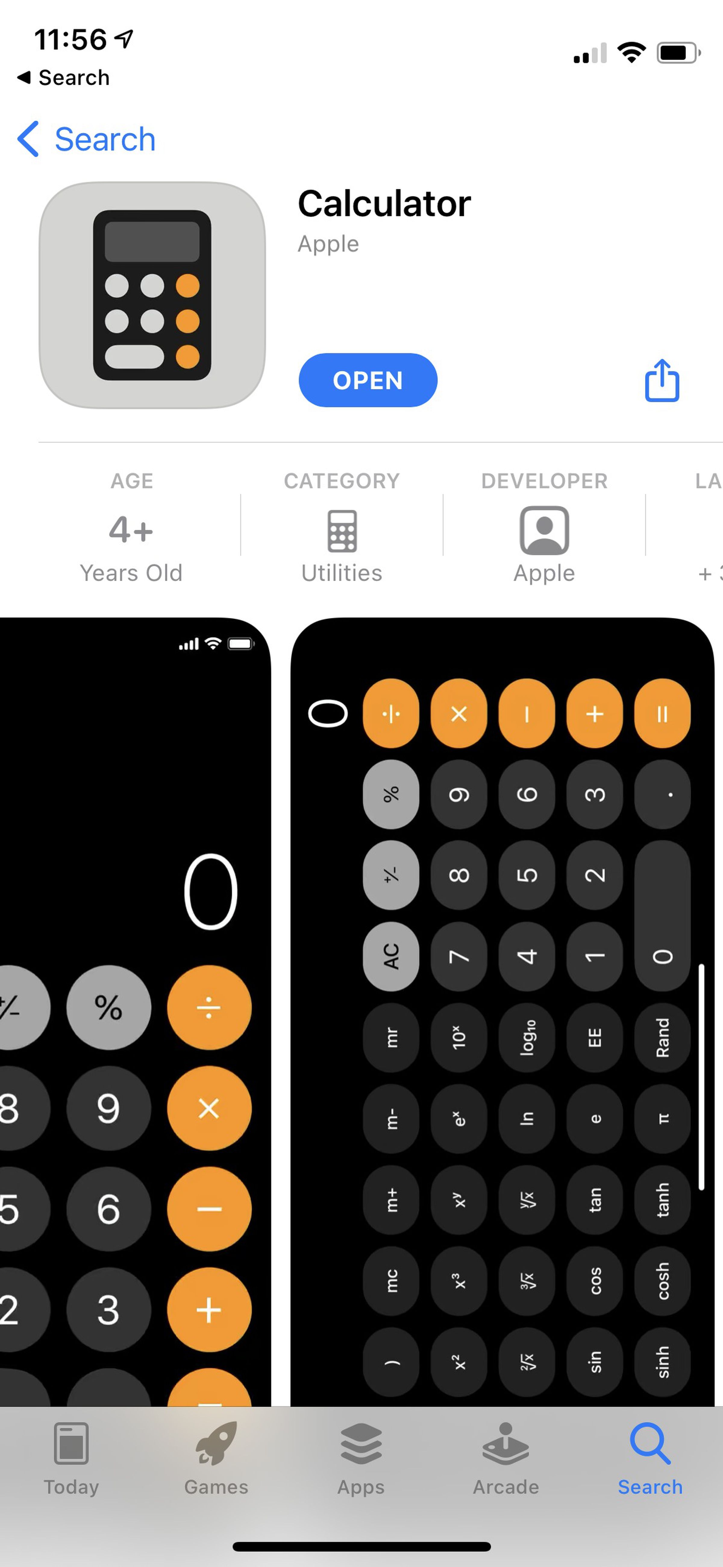 Screenshot of the App Store page for Apple’s Calculator app