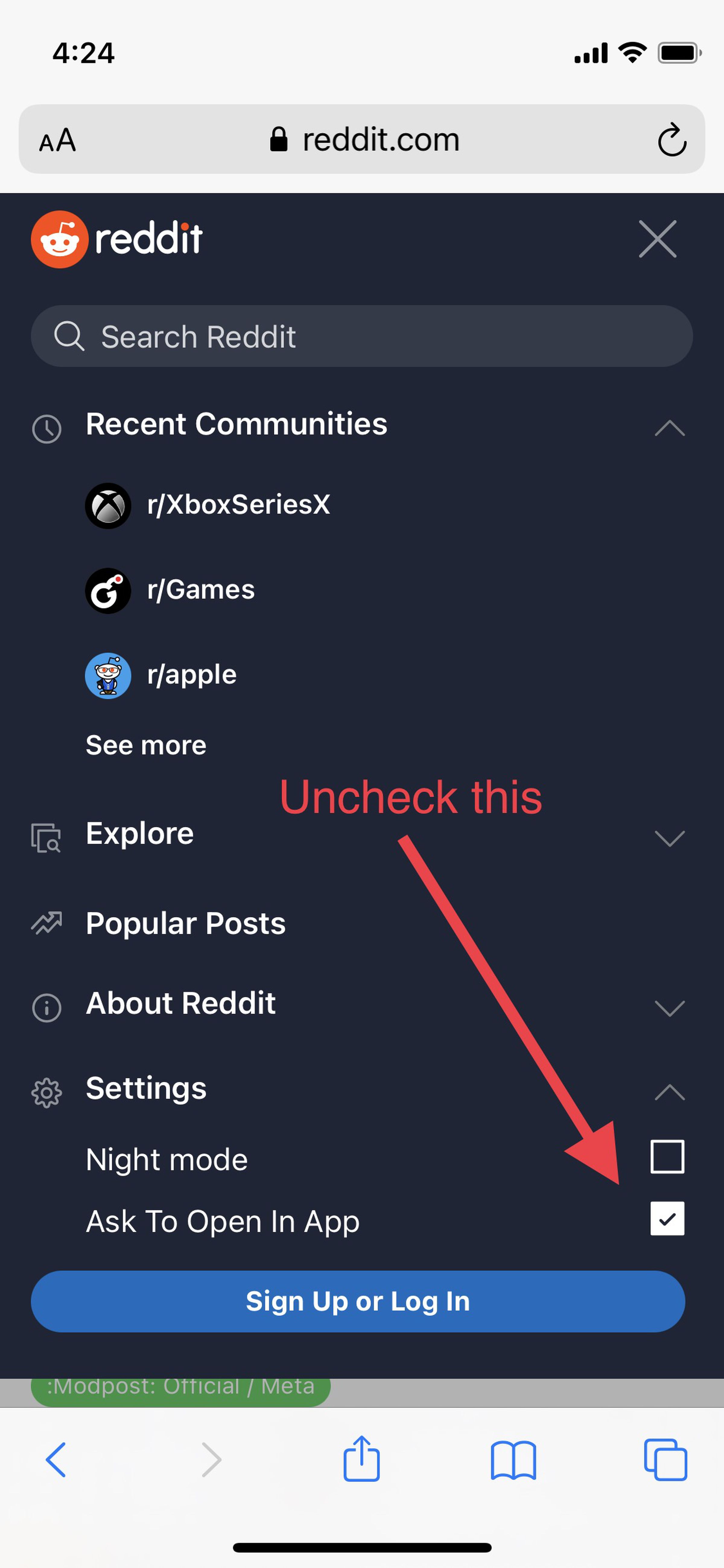 Uncheck the “Ask To Open In App” option to banish the banner.