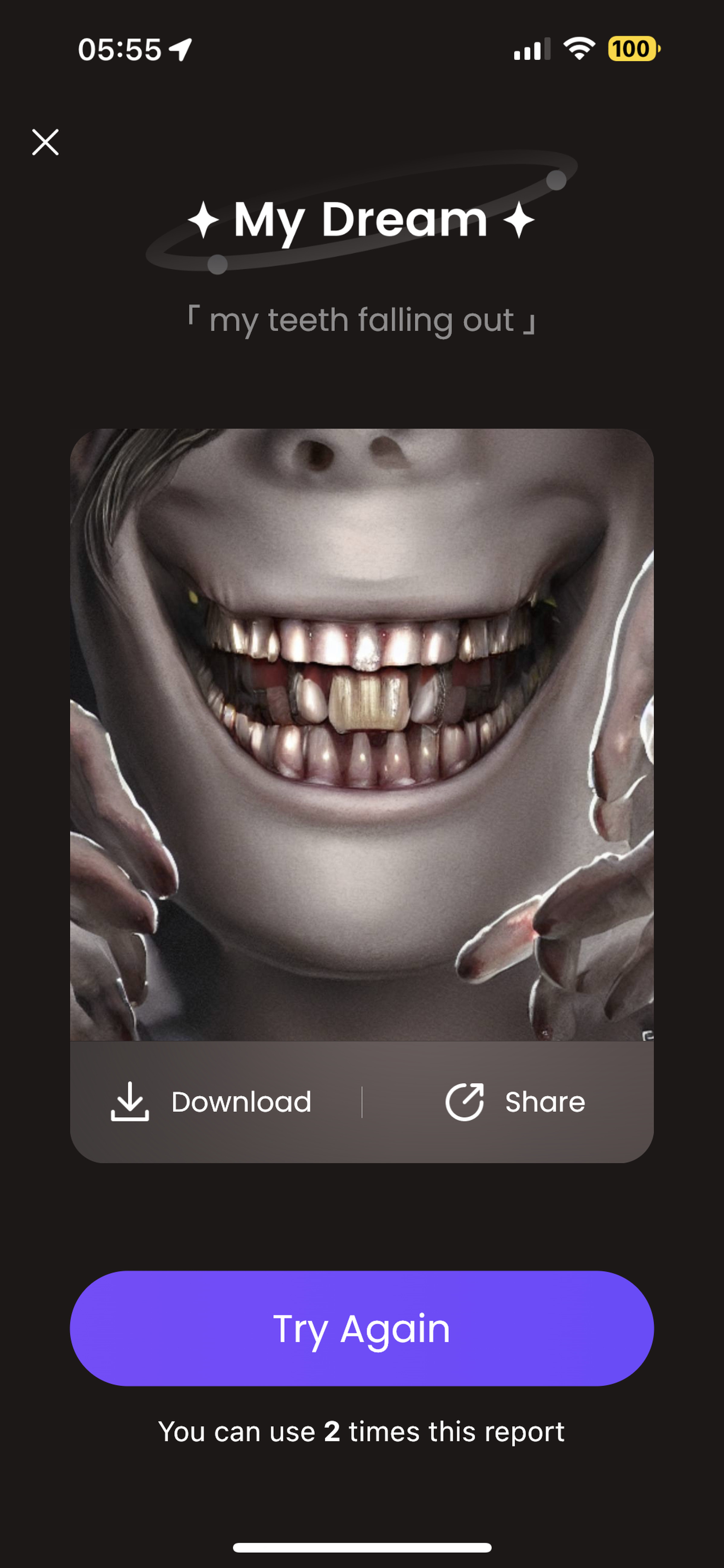 A picture of a creepy face with two rows of teeth created in response to the prompt “my teeth falling out.”