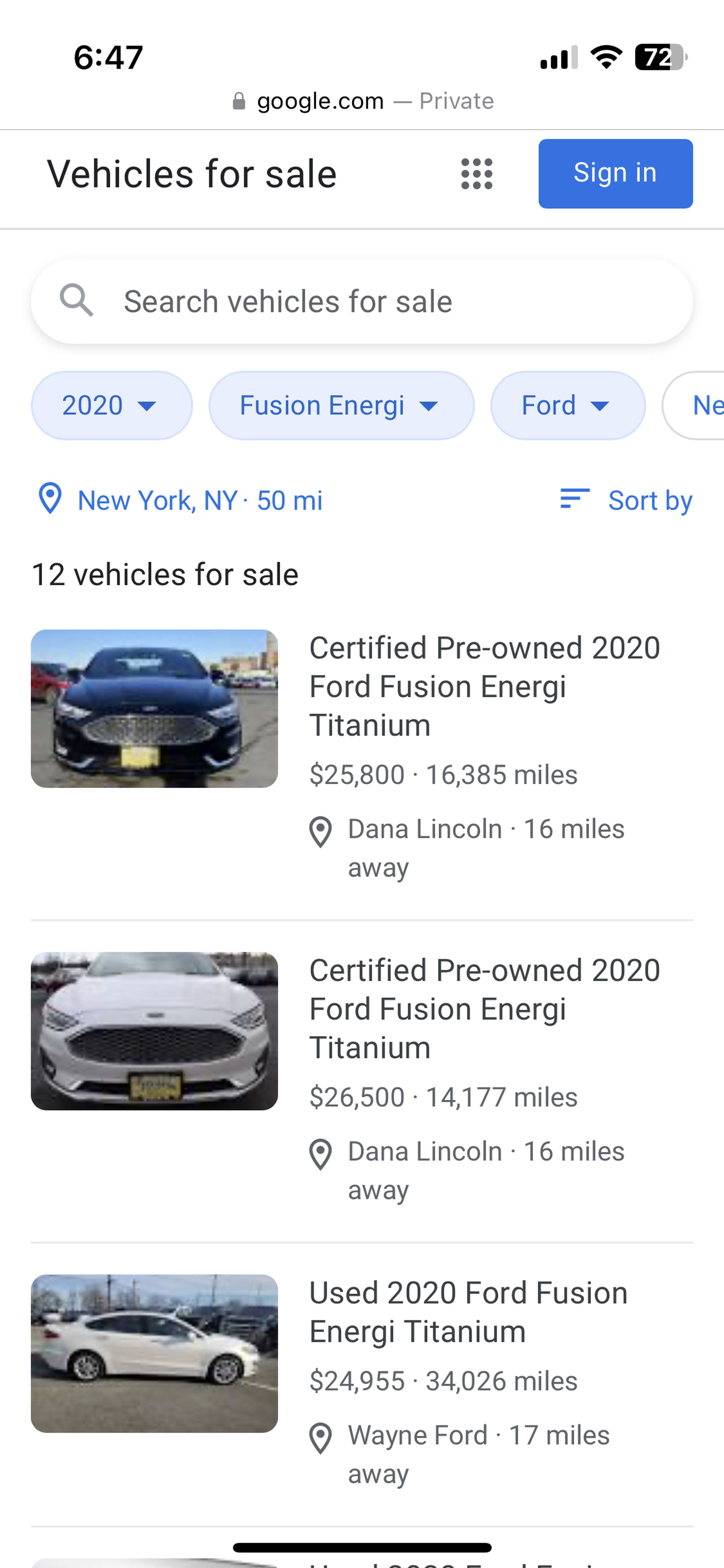 Google’s Vehicles for sale listings looks like any car buying app out there.