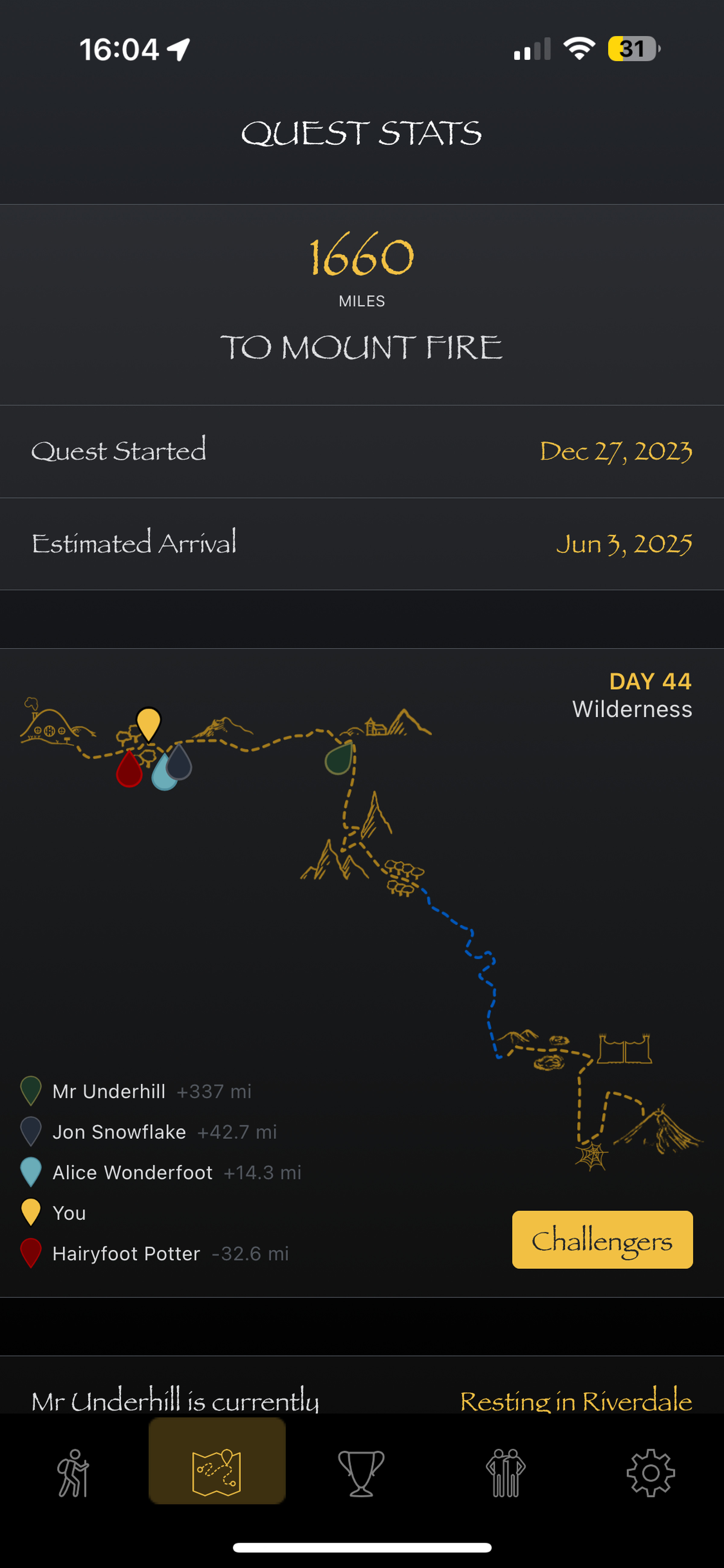 Screenshot of Fantasy Hike app showing quest progress