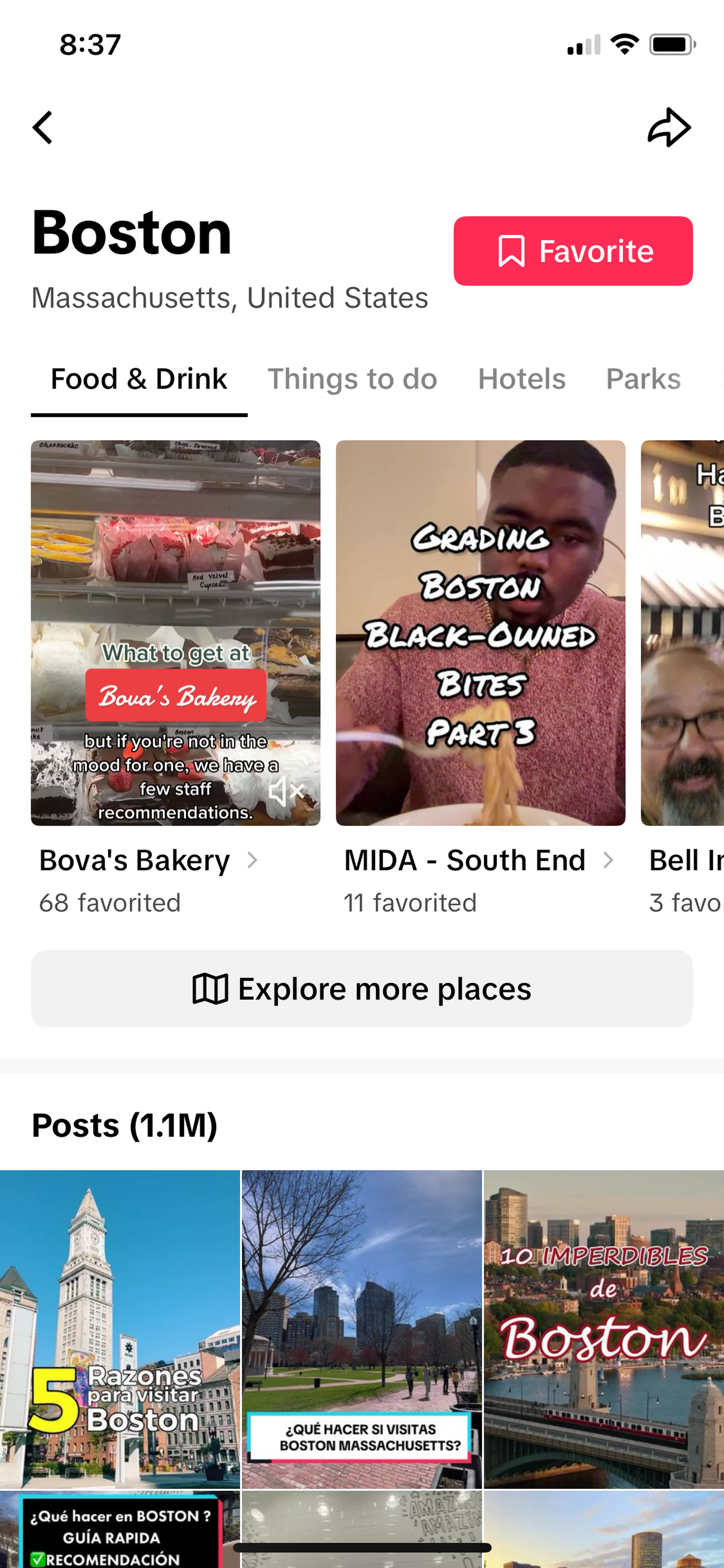 TikTok page for “Boston” geolocation, showing categories like hotels and shopping, with videos underneath.