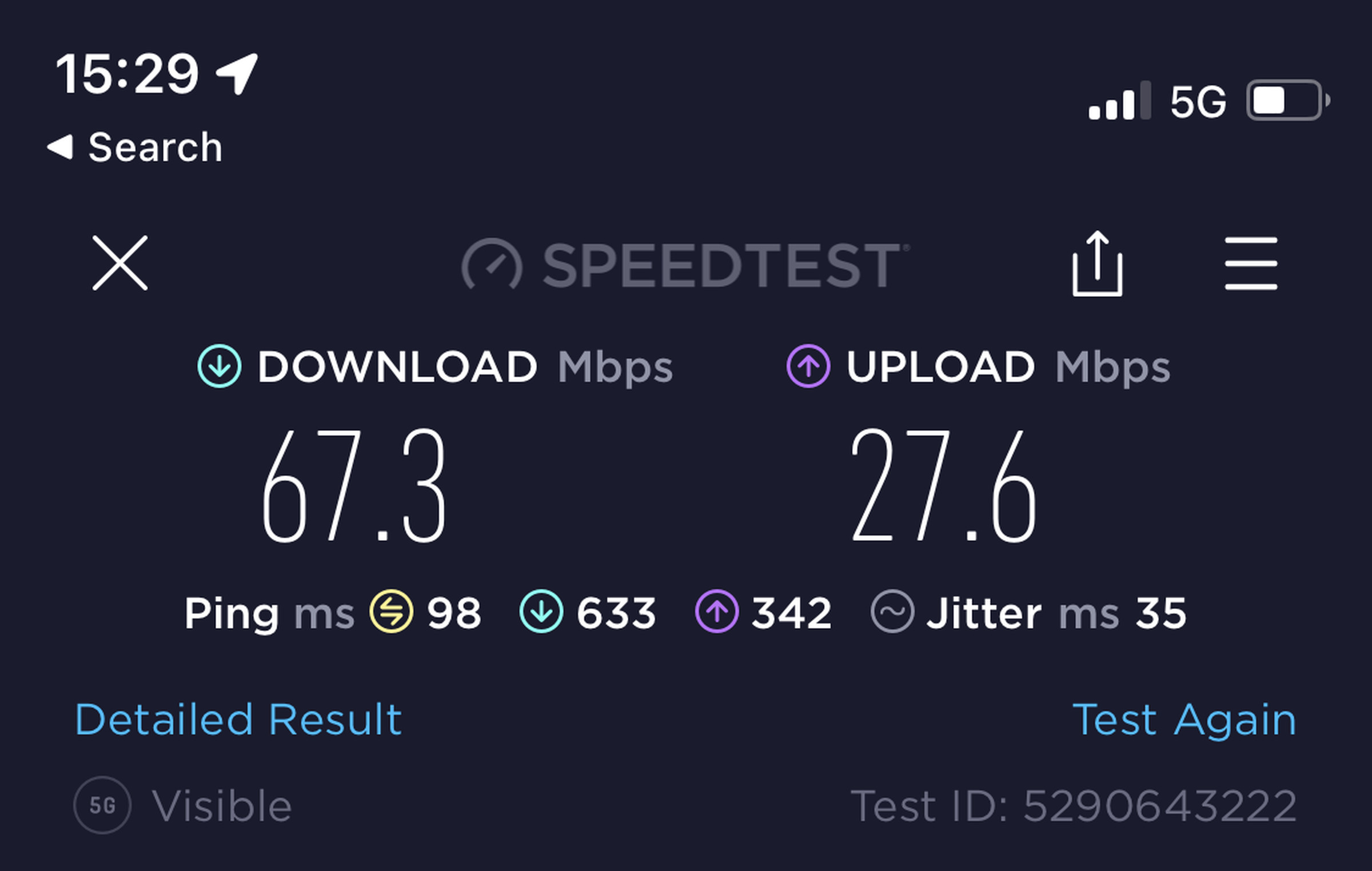 Screenshot of a speed test with a download speed of 67.3 Mbps, upload speed of 27.6 Mbps, and a 98 millisecond ping.