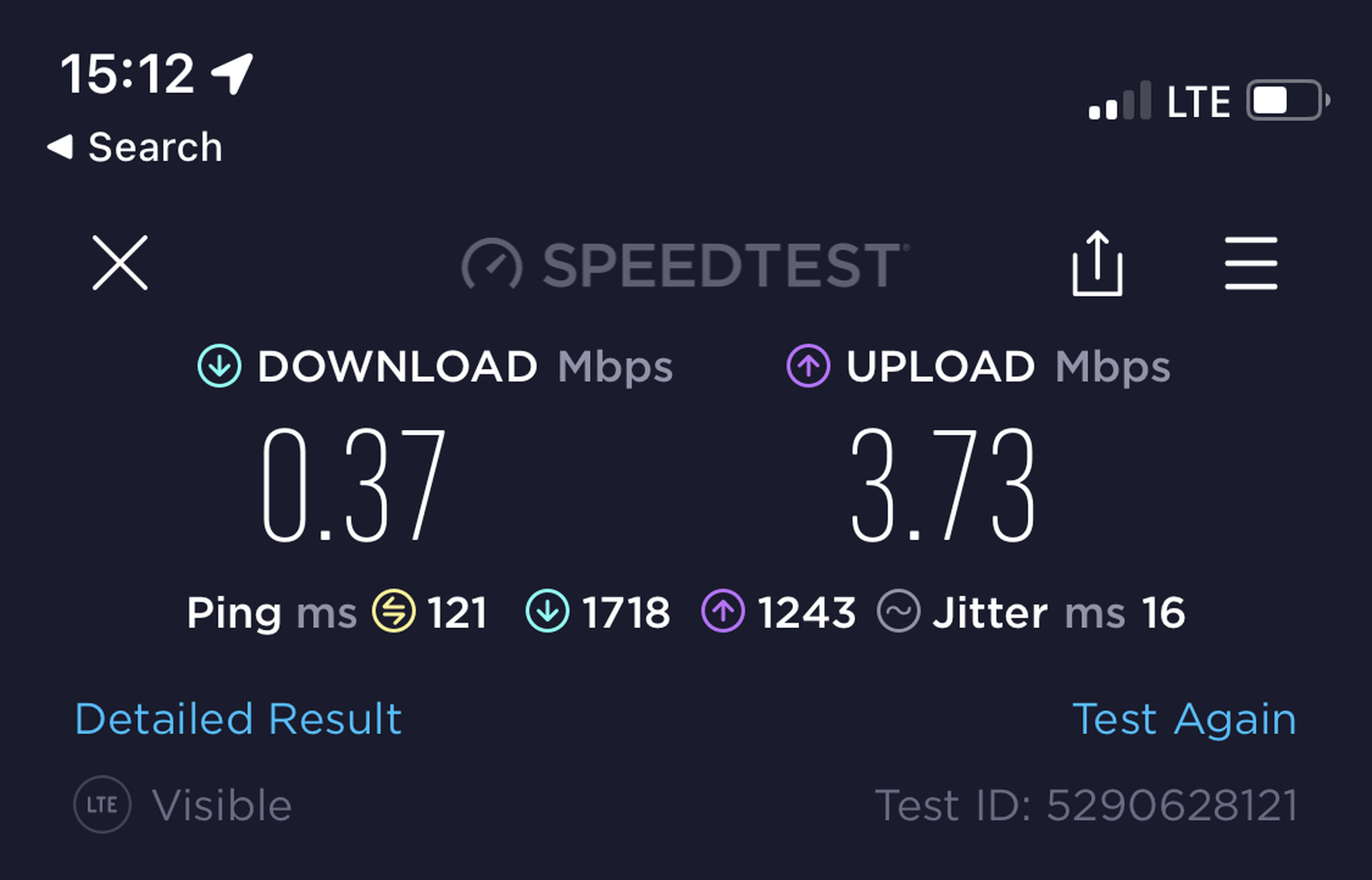 Screenshot of a speed test for Verizon’s Visible, showing a download speed of 0.37 Mbps, and an upload speed of 3.73 Mbps, and a ping of 121 milliseconds.
