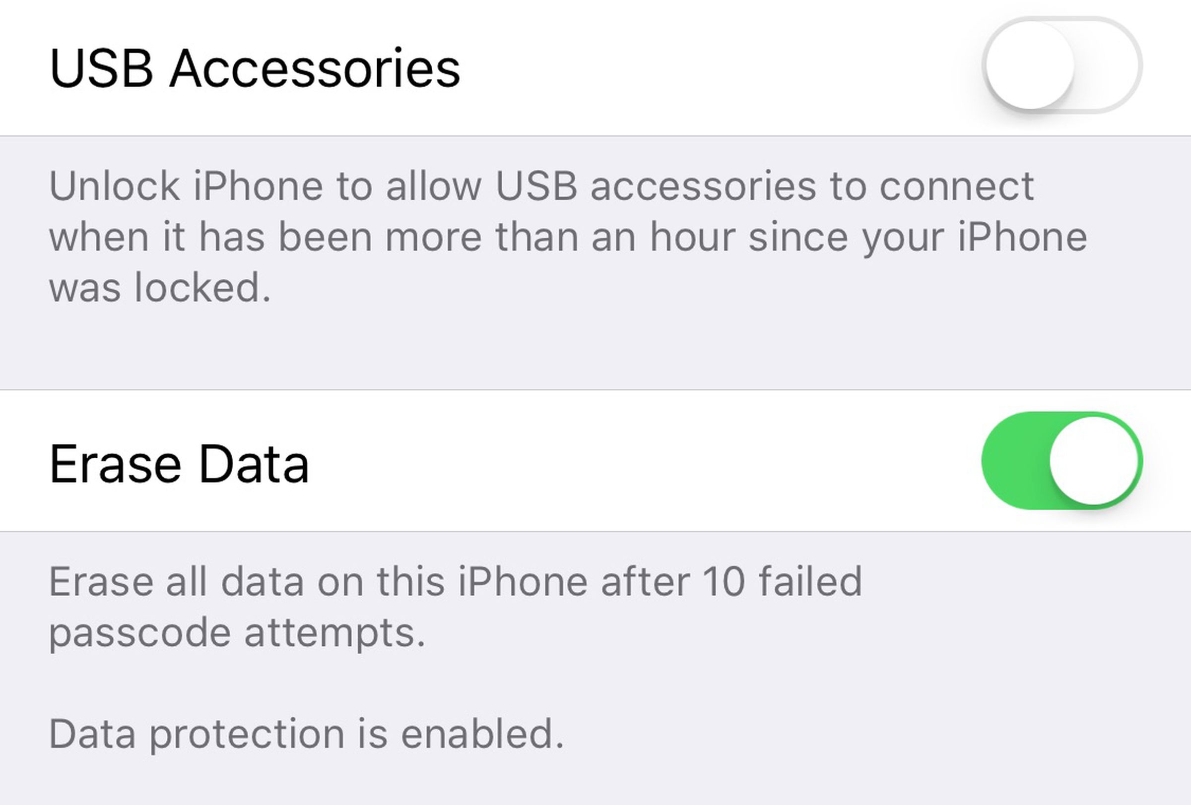 USB Restricted Mode is active when the “USB Accessories” toggle is disabled / on the left.