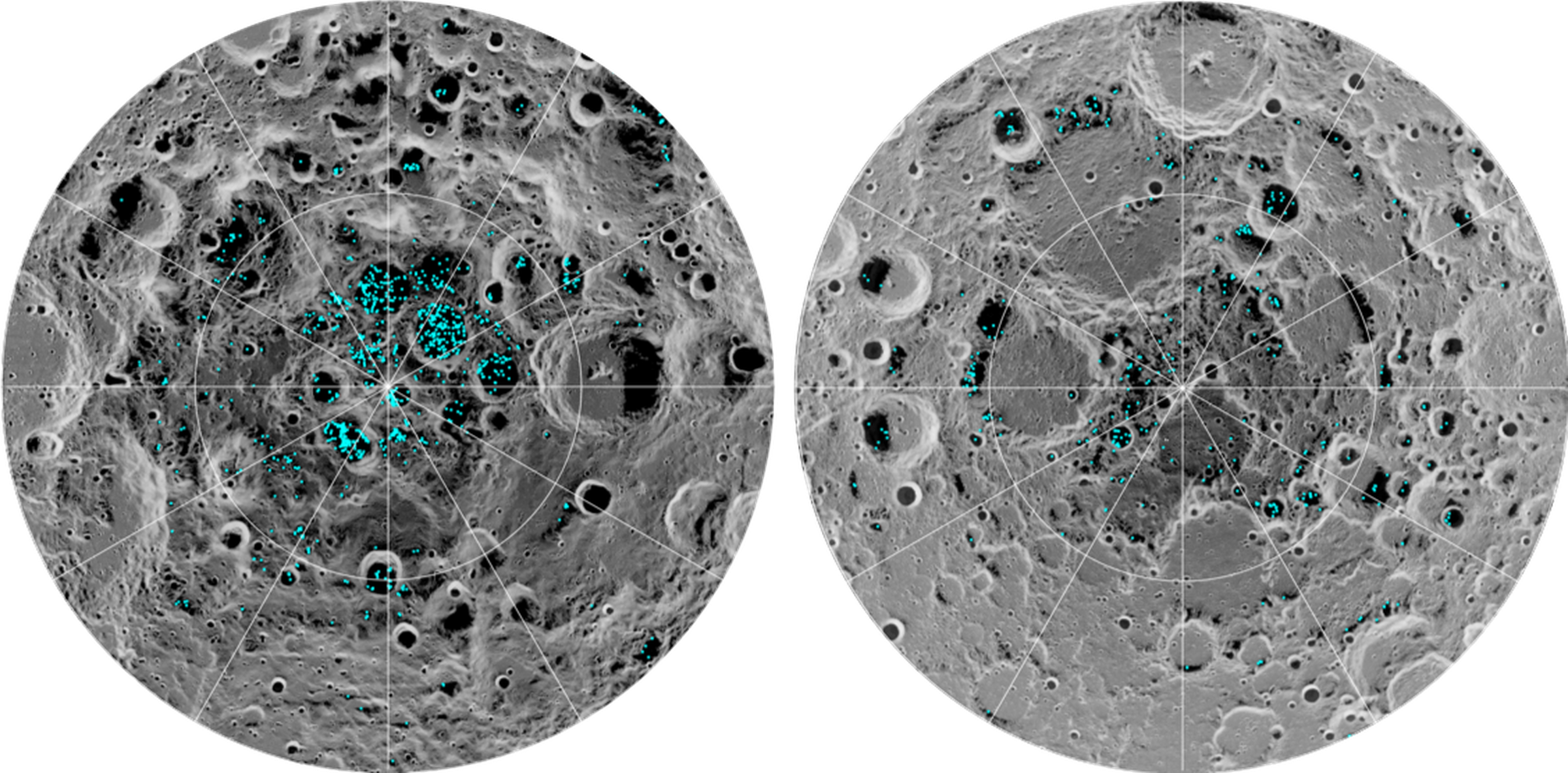 A map of exposed lunar water ice made with data from the Chandrayaan-1 spacecraft.
