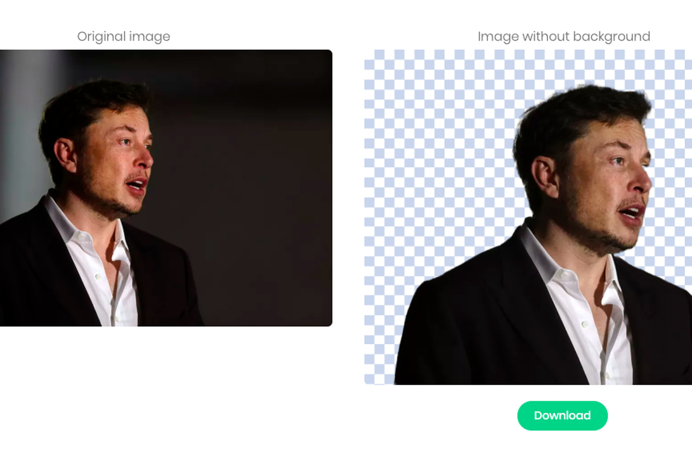 Remove.bg is a quick way to edit out a picture’s background. But it does make mistakes — just look at Elon Musk’s missing chunk of eye in the image on the right. 