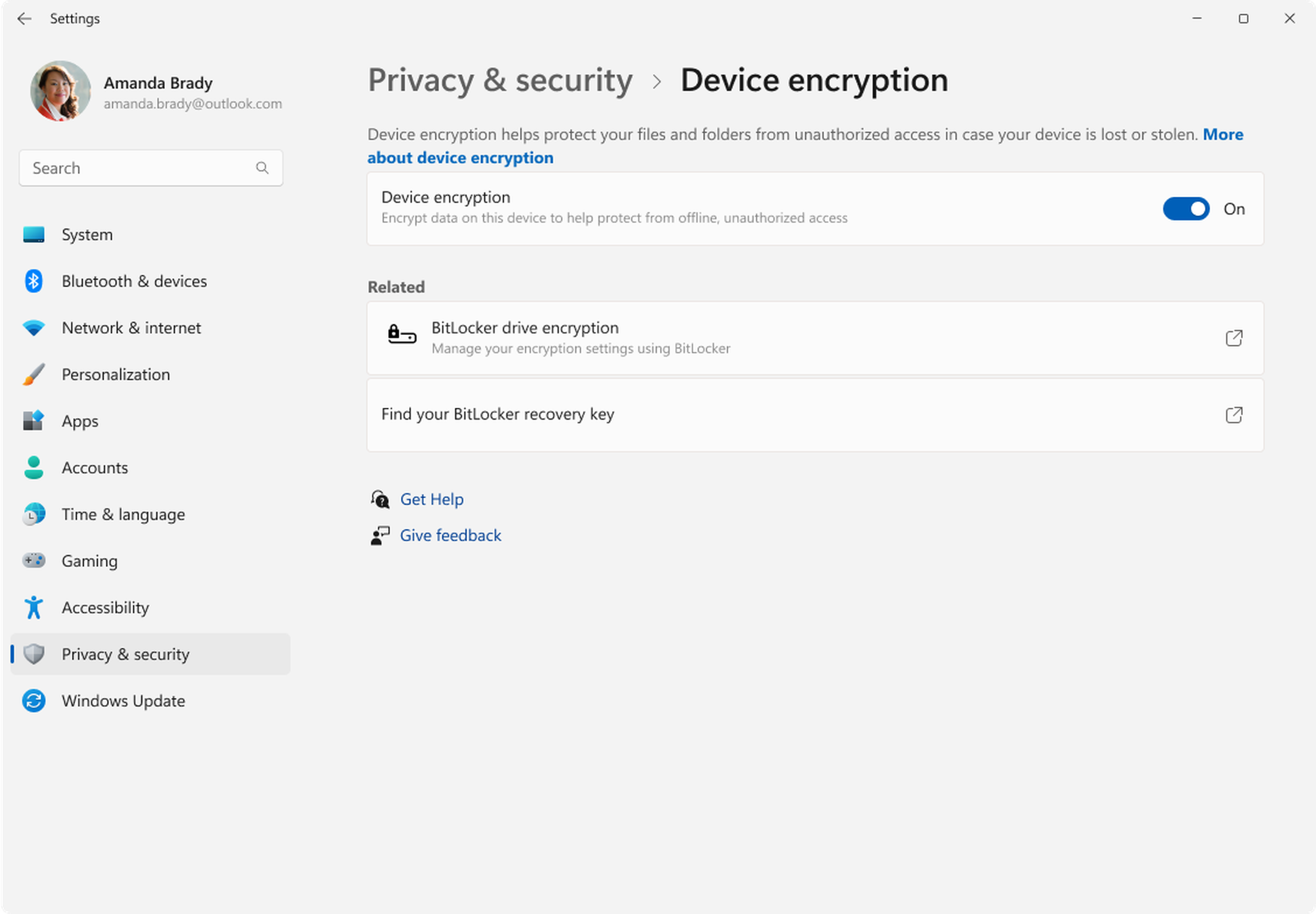 The new device encryption setting in Windows 11, version 24H2.