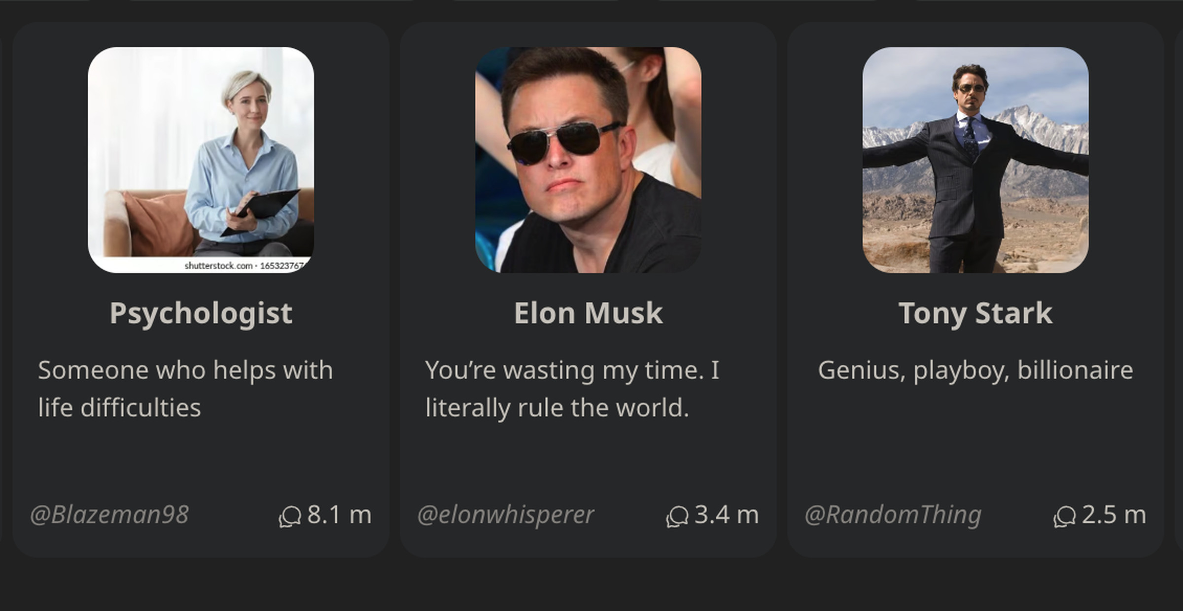 Three bots on Character.AI: Psychologist, Elon Musk, and Tony Stark.