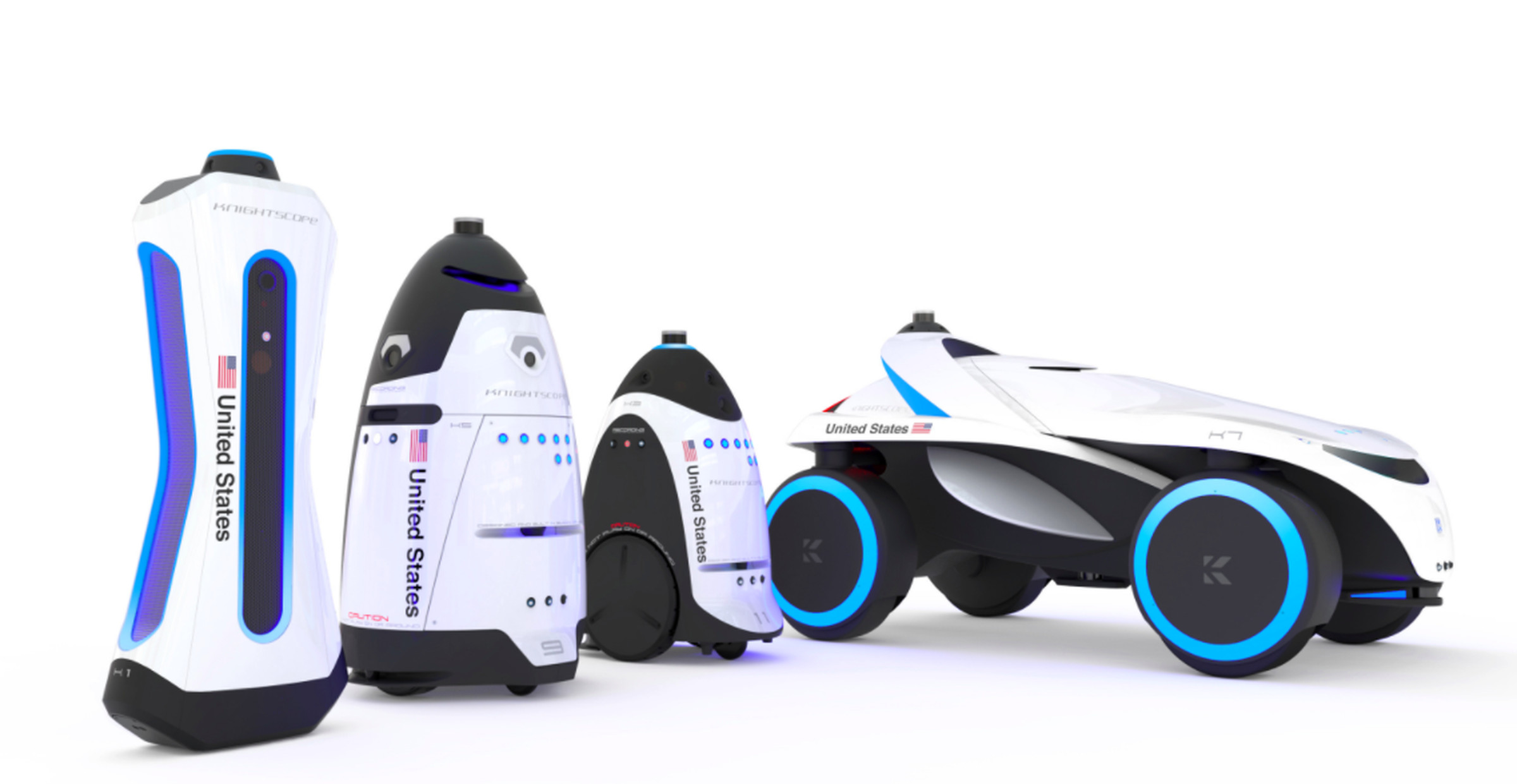 Knightscope’s full line-up. From left to right: the K1 stationary weapon scanner; the K5 outdoor patrol bot; K3 indoor patrol bot; and K7 multi-terrain buggy. 