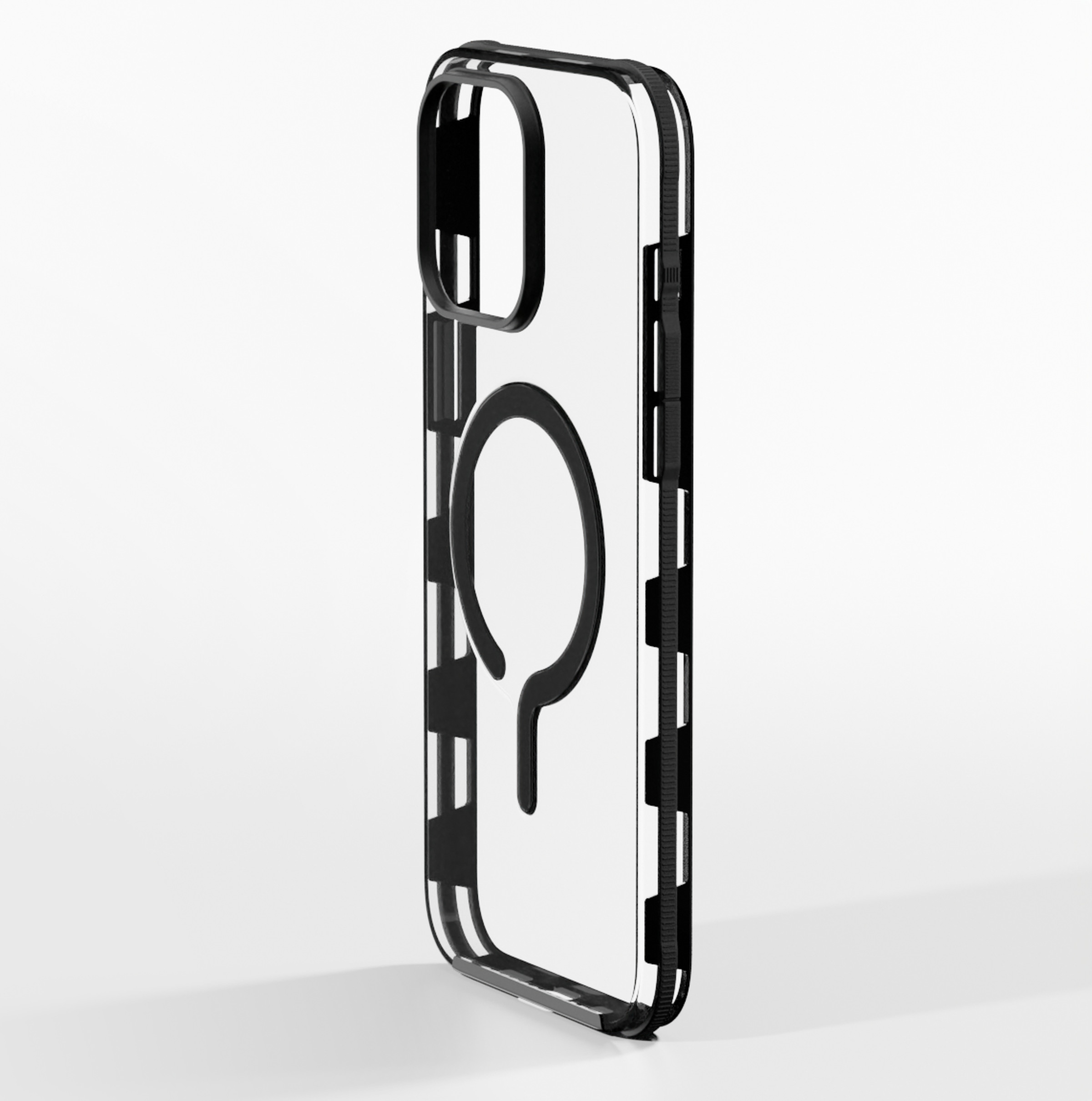 A picture of the Dbrand Ghost Case in one piece, standing up on its edge and viewed at a roughly three-quarter angle.