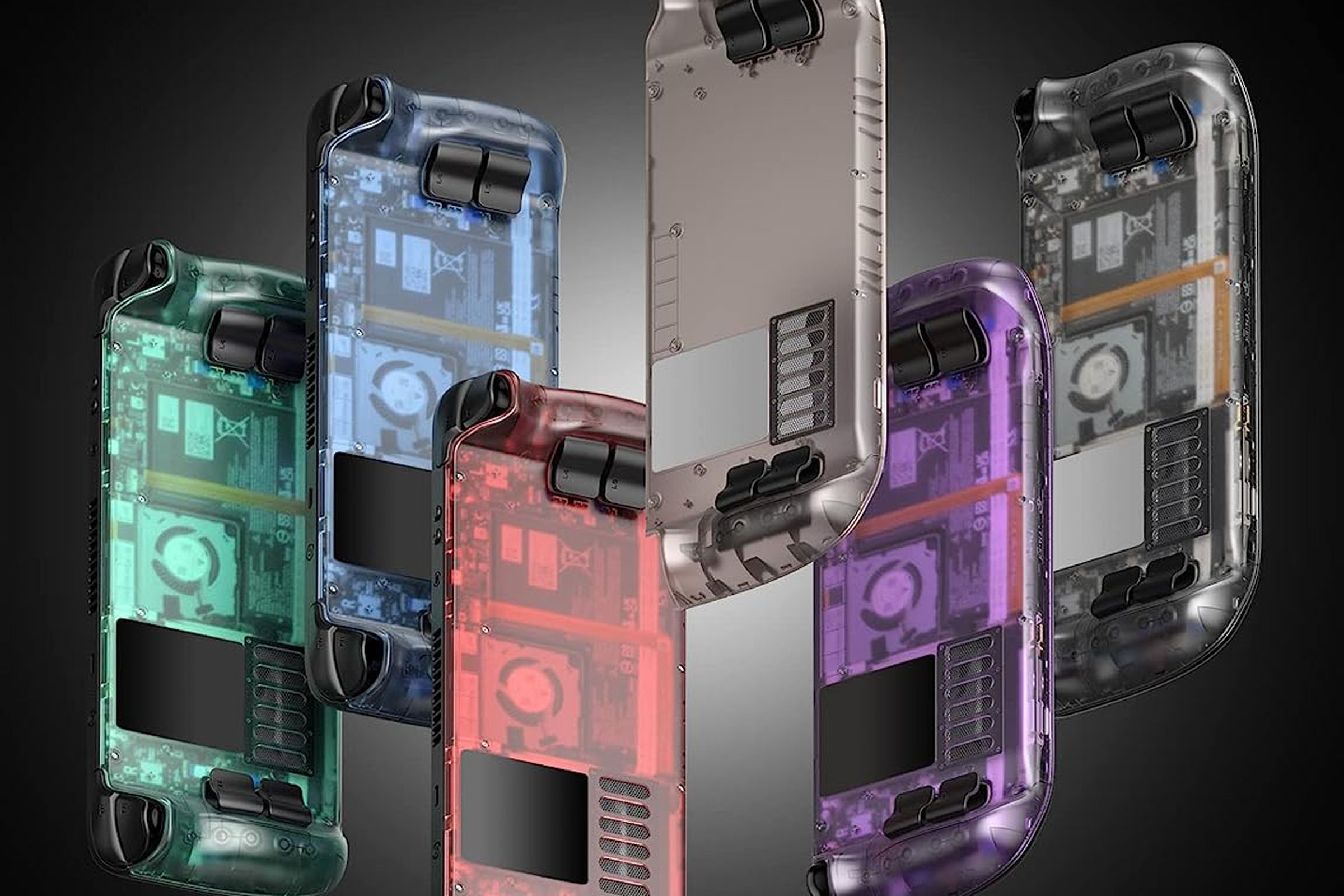 A lineup of Steam Deck handheld PC consoles outfitted in Jsaux’s colorful see-through backplates.