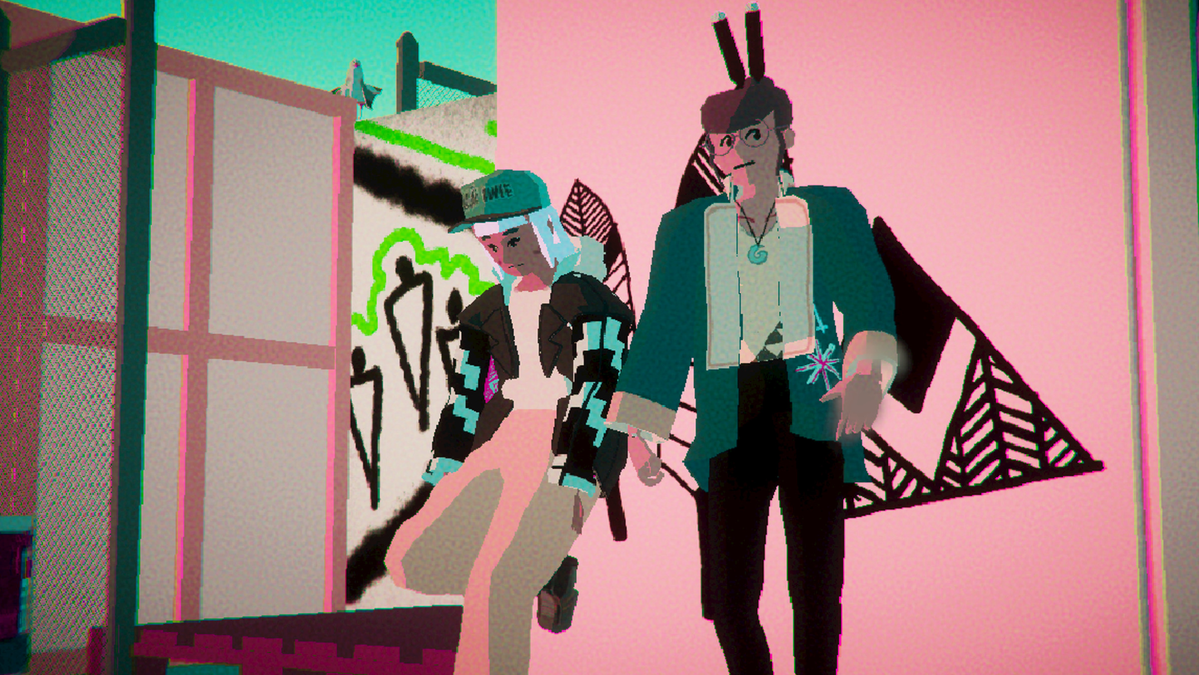 Two angular cartoon figures in Asian dress walk past a screen against a pink back wall.