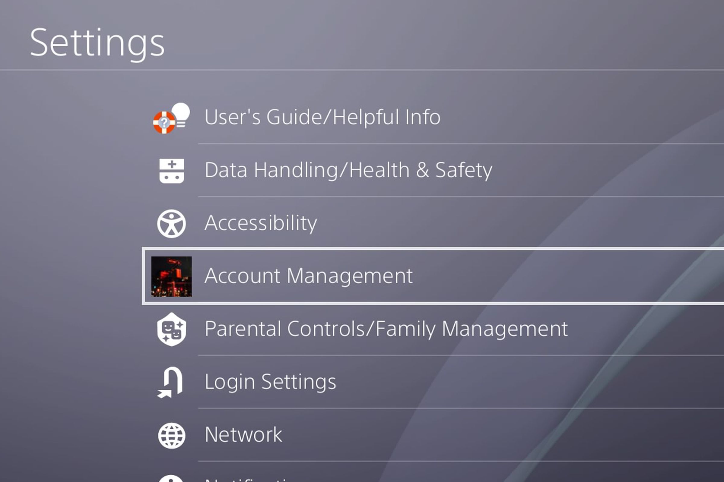 The Account Management tab in the Settings menu