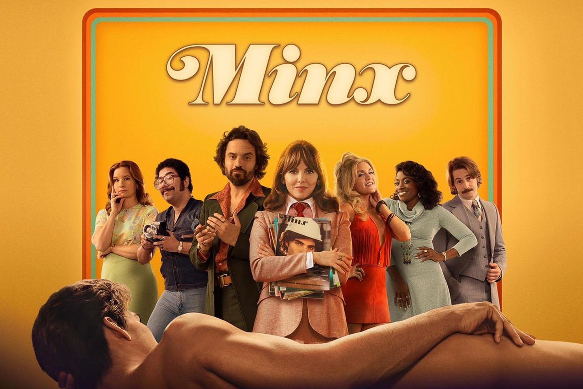 The cast of Minx is dressed in 70s attire and facing a naked man reclining on his side and visible only from the back.