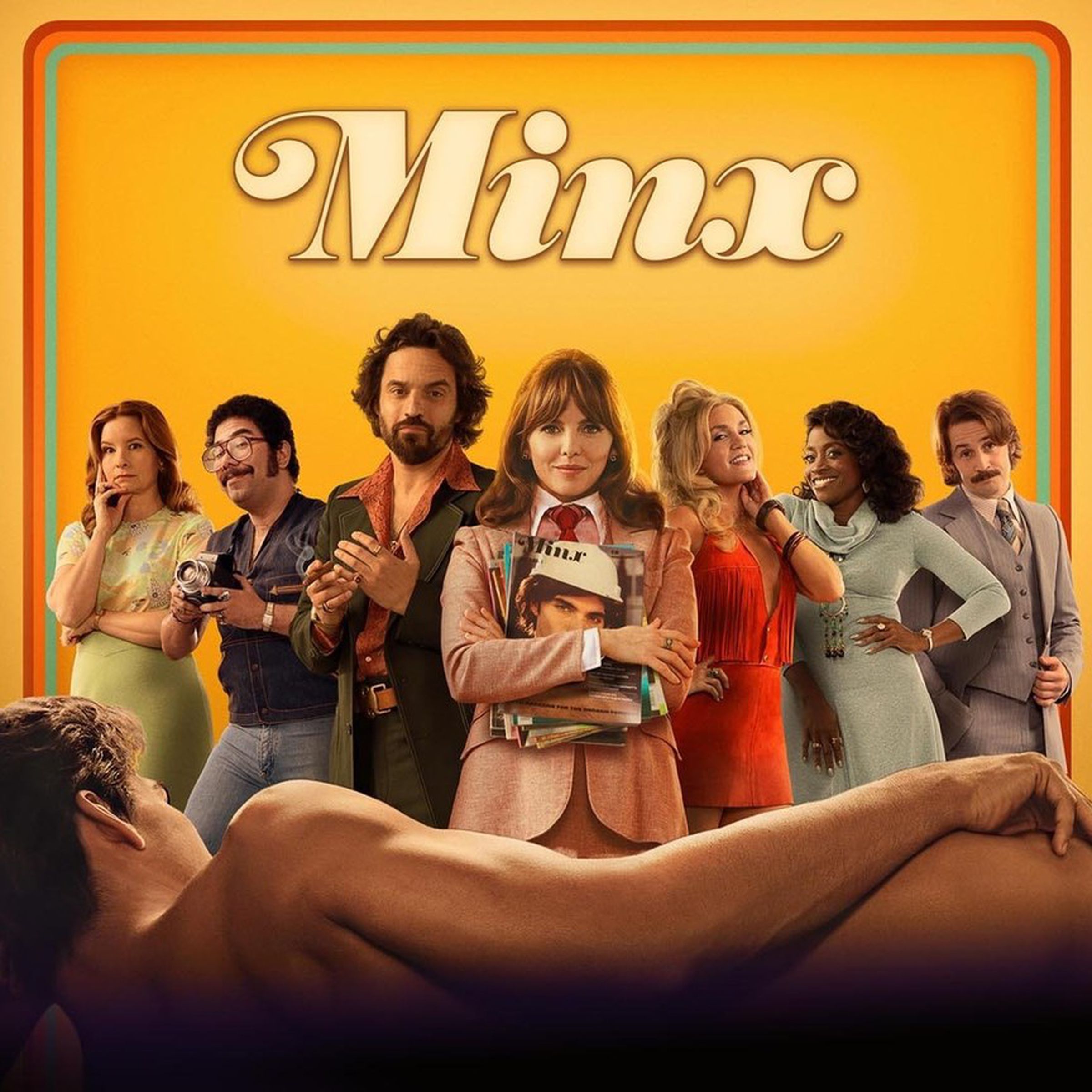 The cast of Minx is dressed in ’70s attire and facing a naked man reclining on his side and visible only from the back.