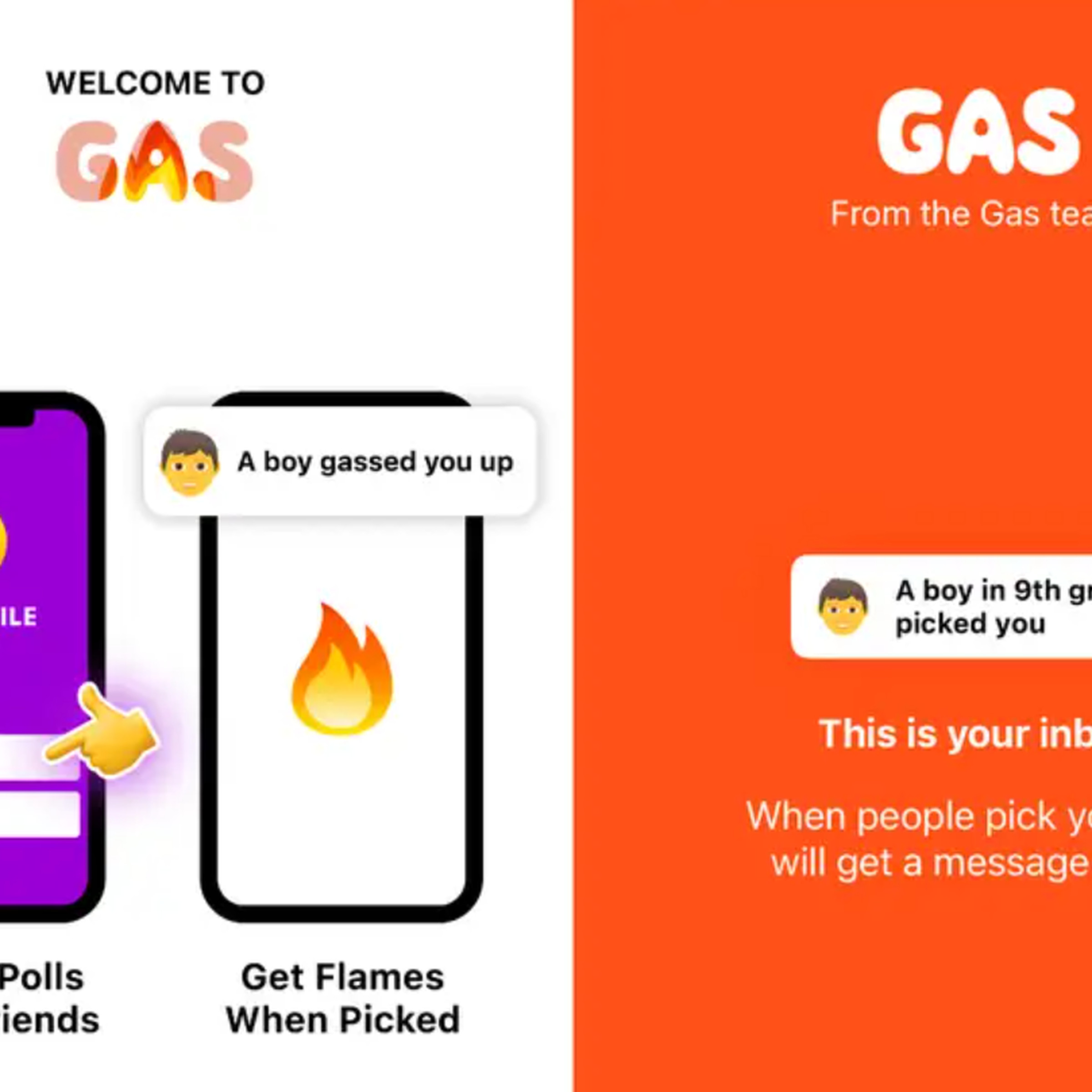Screenshots of the gas app showing polls and compliments between friends