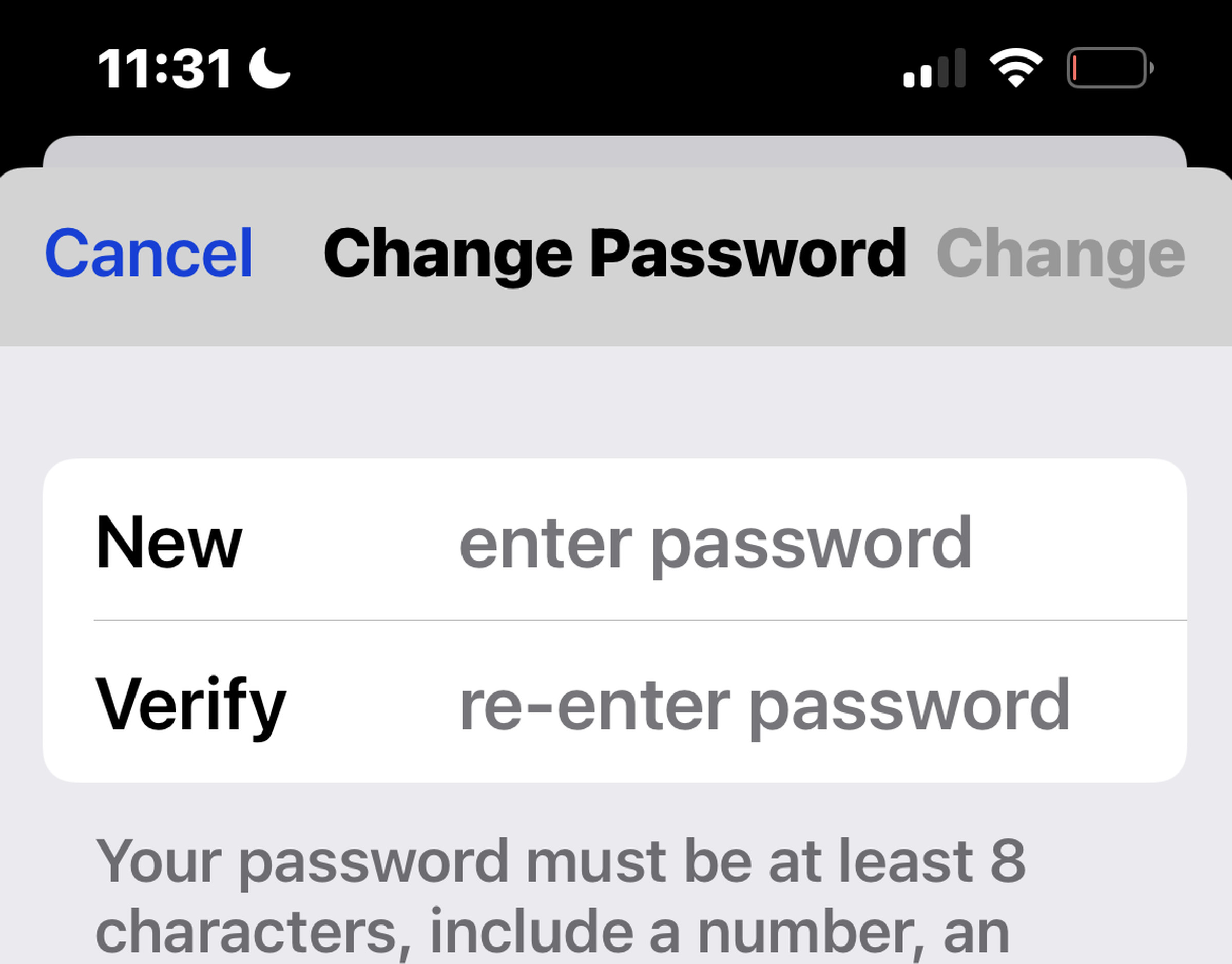 The “Change Password” dialogue on iOS. 