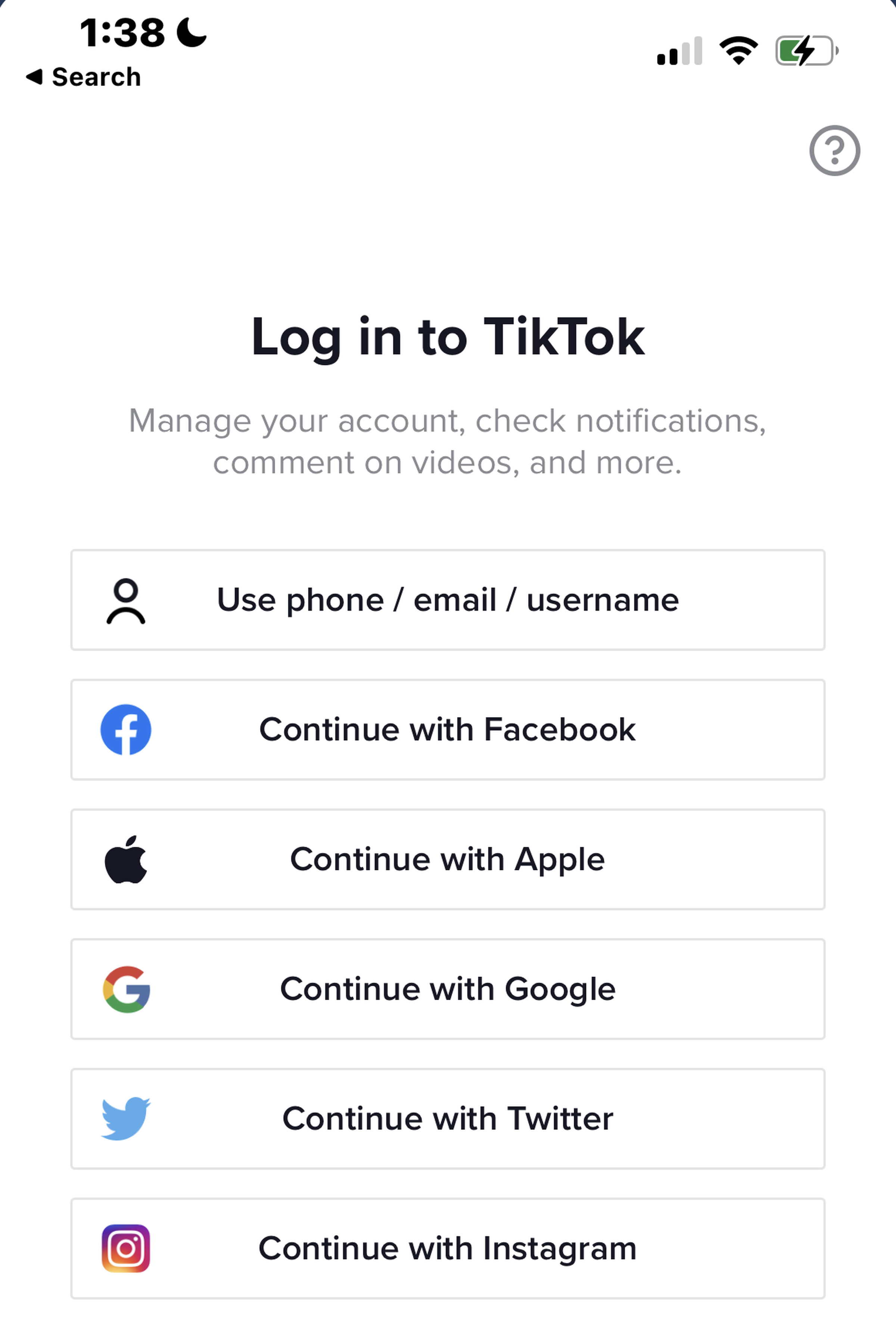A screenshot of TikTok’s login screen, with options to continue through Facebook, Apple, Google, Twitter or Instagram.